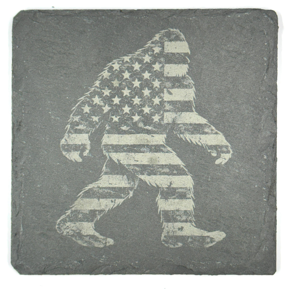 Patriotic Bigfoot Coaster Set – 4 Pack Slate Coasters, American Flag Sasquatch, Cowboy Bigfoot