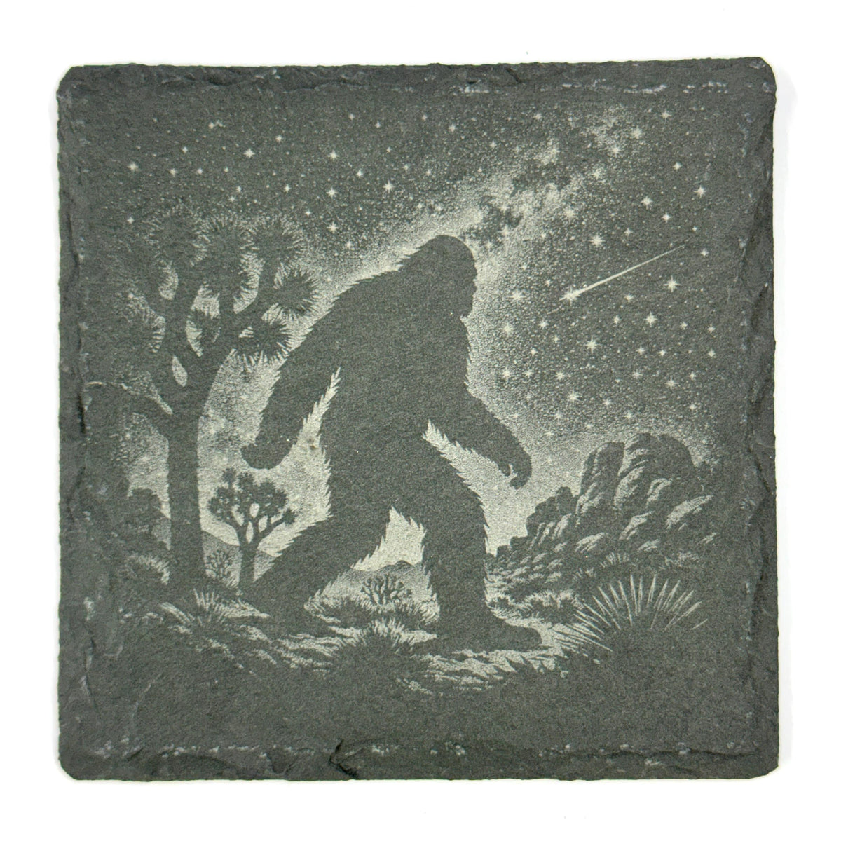 Bigfoot Night Scene Coaster Set – 4 Pack Slate Coasters, Sasquatch Forest & Campfire Scenes