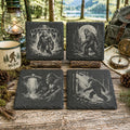 Bigfoot UFO Coaster Set – 4 Pack Slate Coasters, Sasquatch & Flying Saucer Forest Scenes