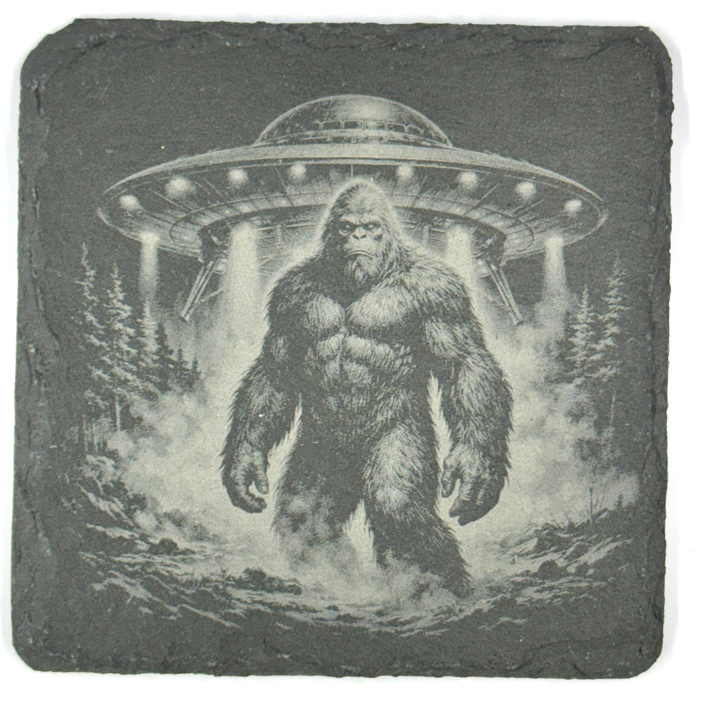 Bigfoot UFO Coaster Set – 4 Pack Slate Coasters, Sasquatch & Flying Saucer Forest Scenes