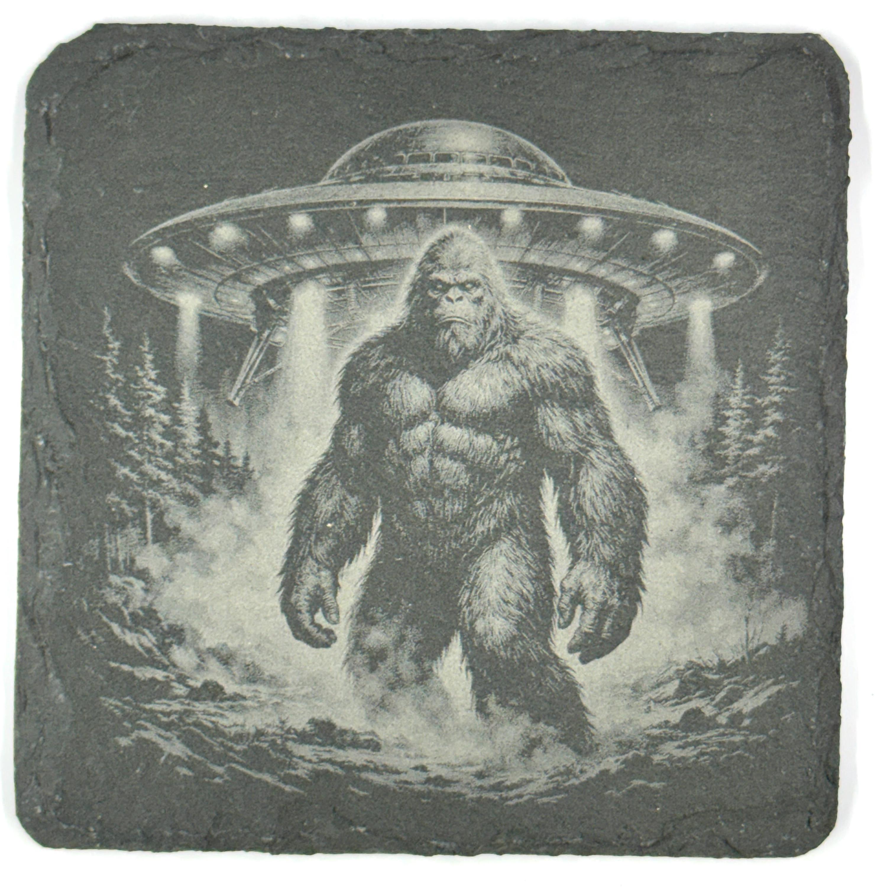 Bigfoot UFO Coaster Set – 4 Pack Slate Coasters, Sasquatch & Flying Saucer Forest Scenes