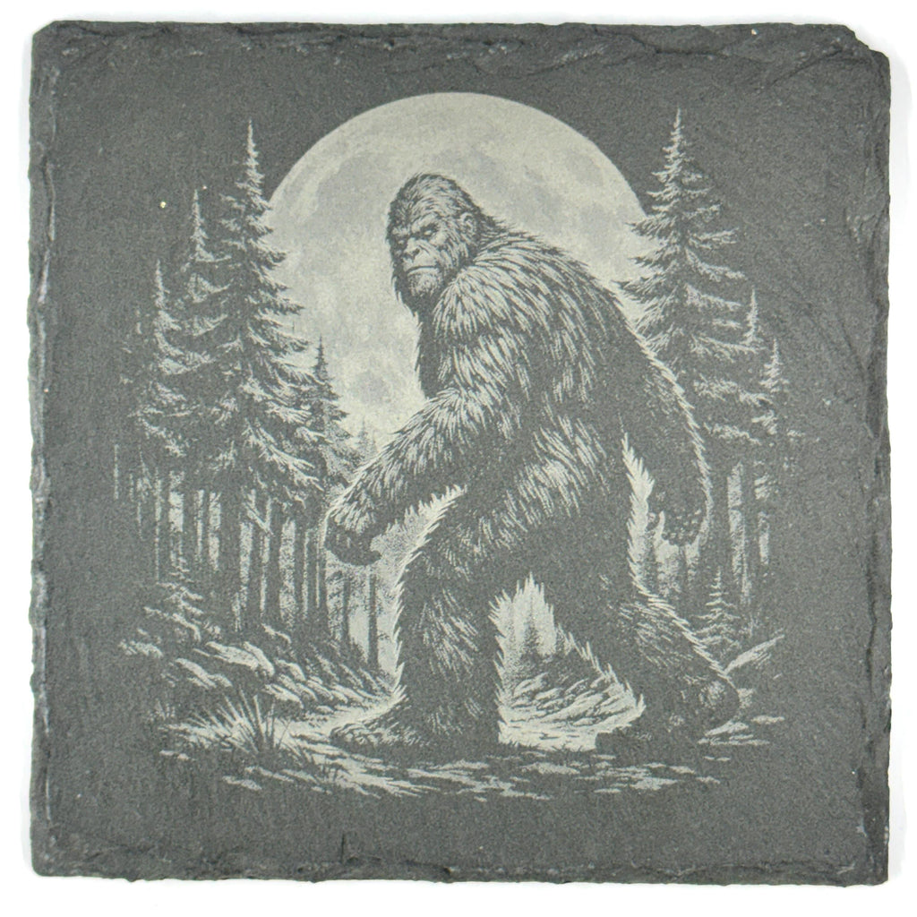 Bigfoot UFO Coaster Set – 4 Pack Slate Coasters, Sasquatch & Flying Saucer Forest Scenes