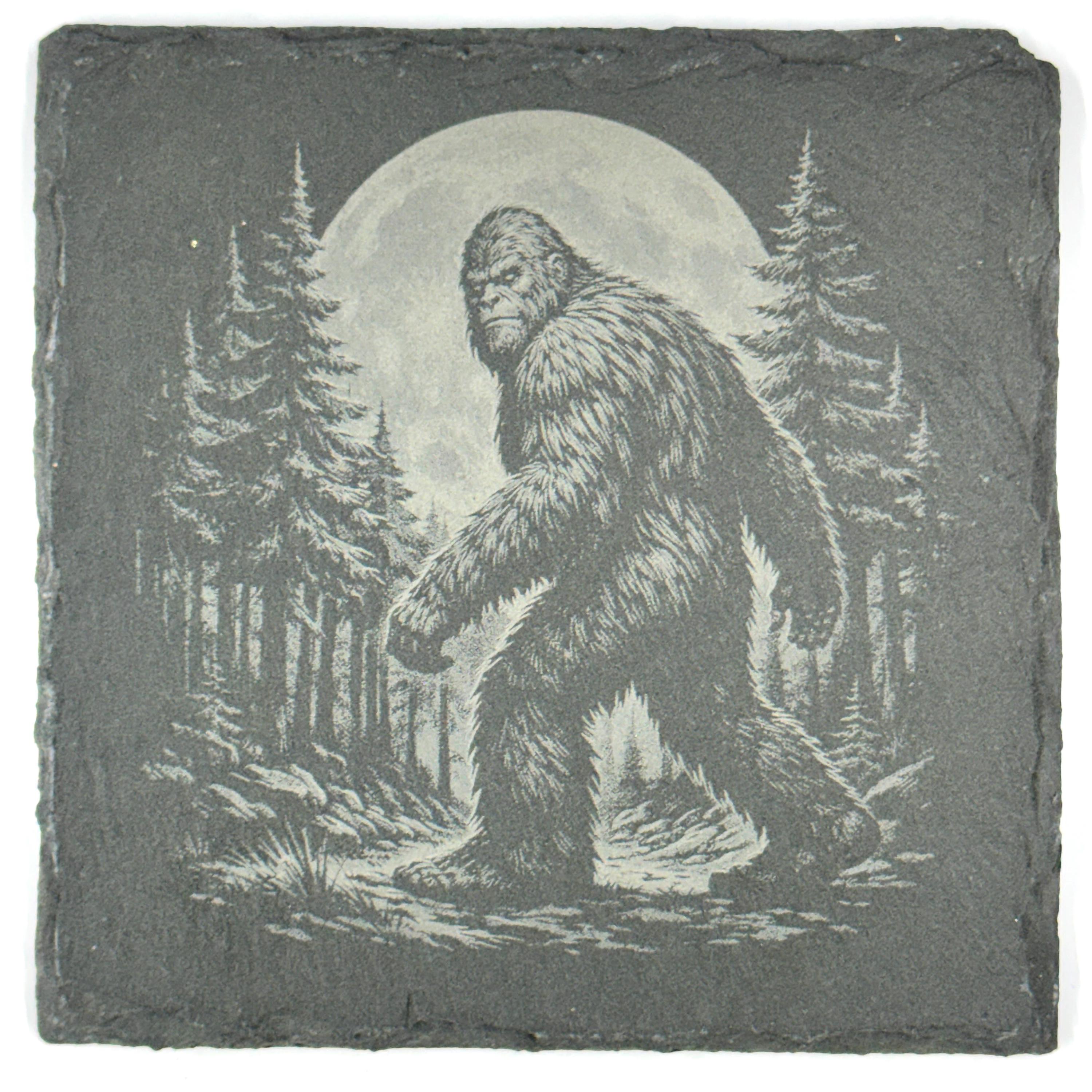 Bigfoot UFO Coaster Set – 4 Pack Slate Coasters, Sasquatch & Flying Saucer Forest Scenes