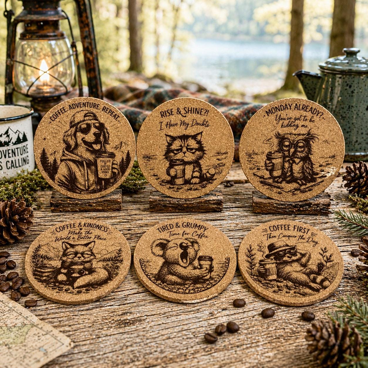 Coffee Coaster Set – 6 Pack Funny Cork Coasters, Animal Sayings, Drink Lover Gift