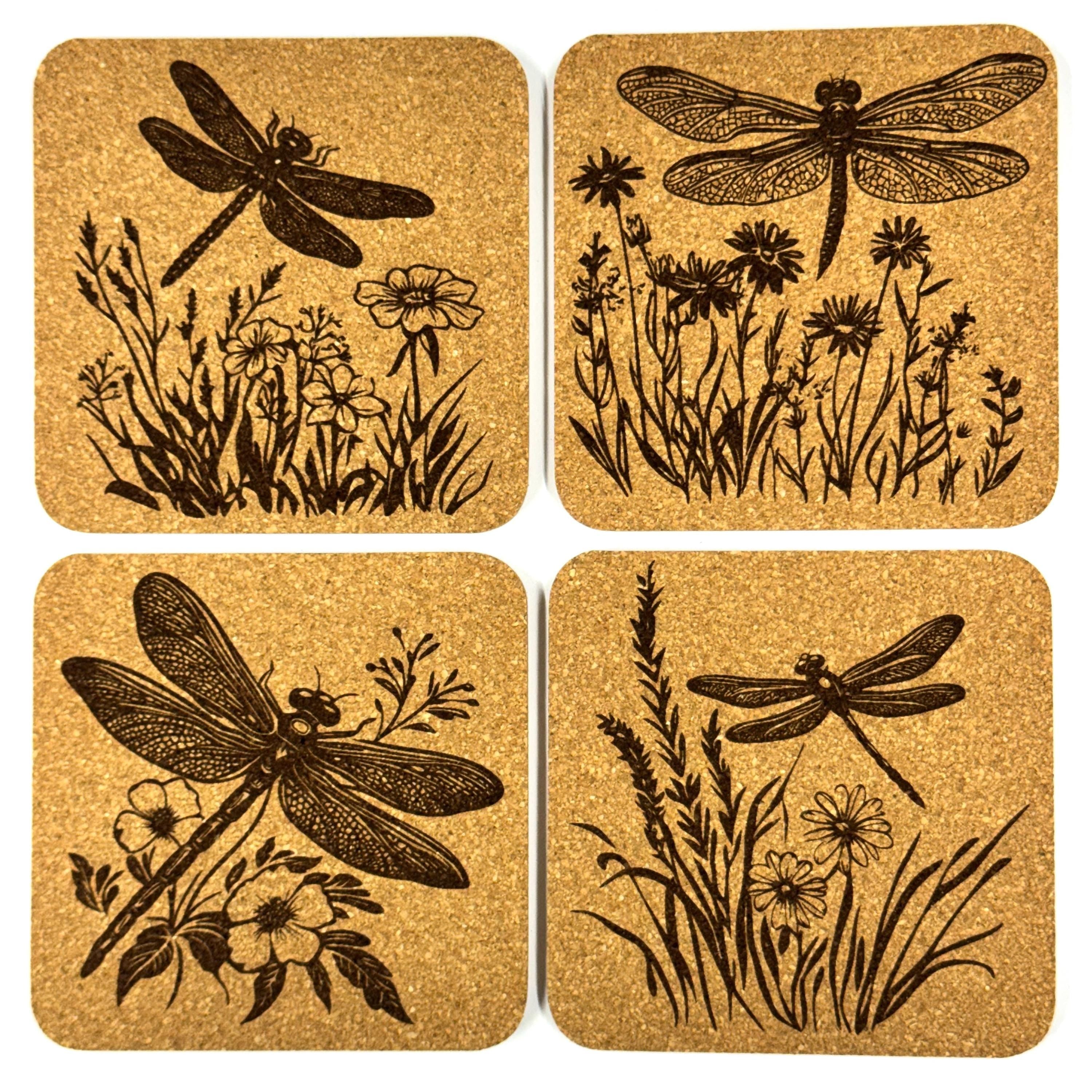 Dragonfly Wildflower Cork Coaster Set, Vintage Meadow Garden Drink Coasters
