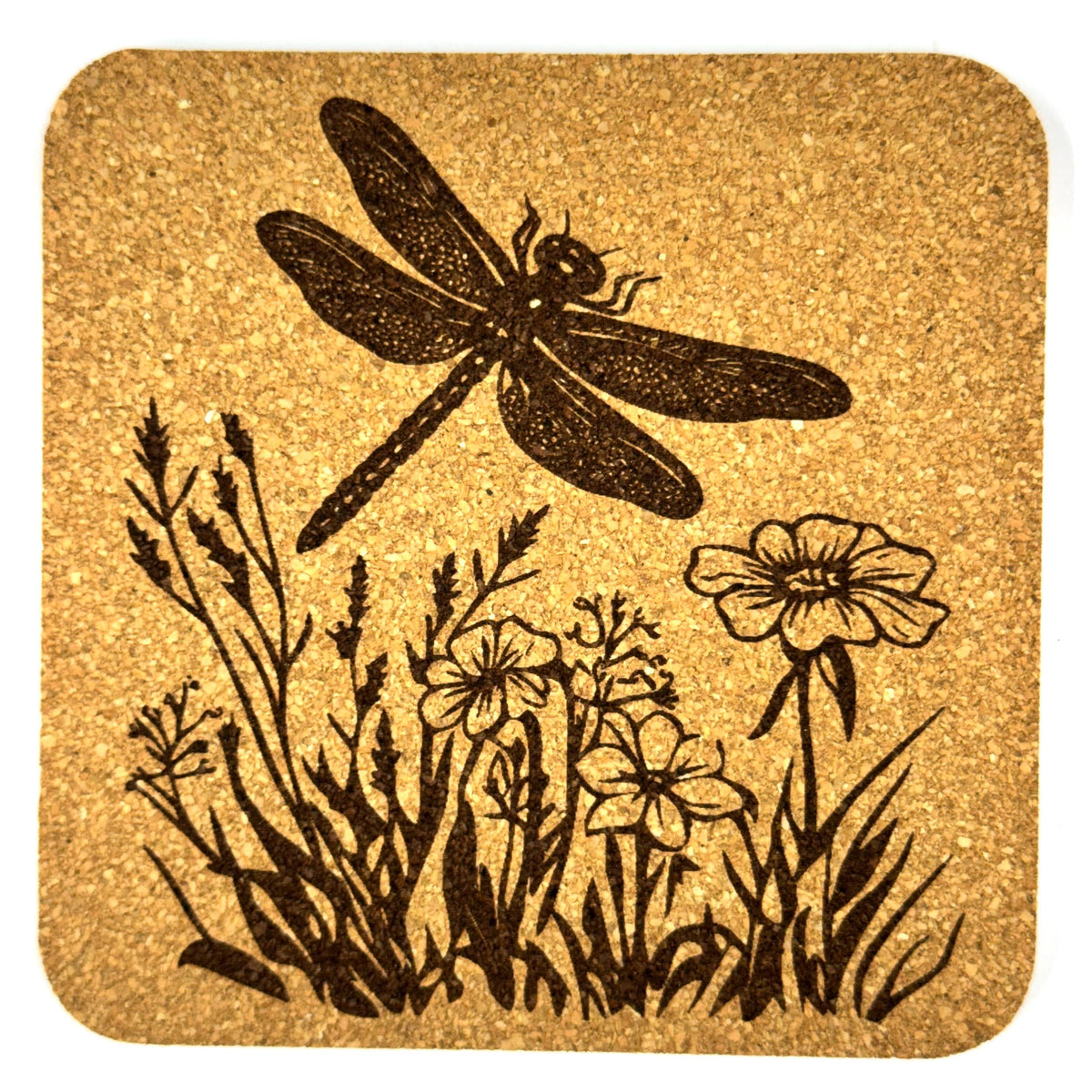 Dragonfly Wildflower Cork Coaster Set, Vintage Meadow Garden Drink Coasters