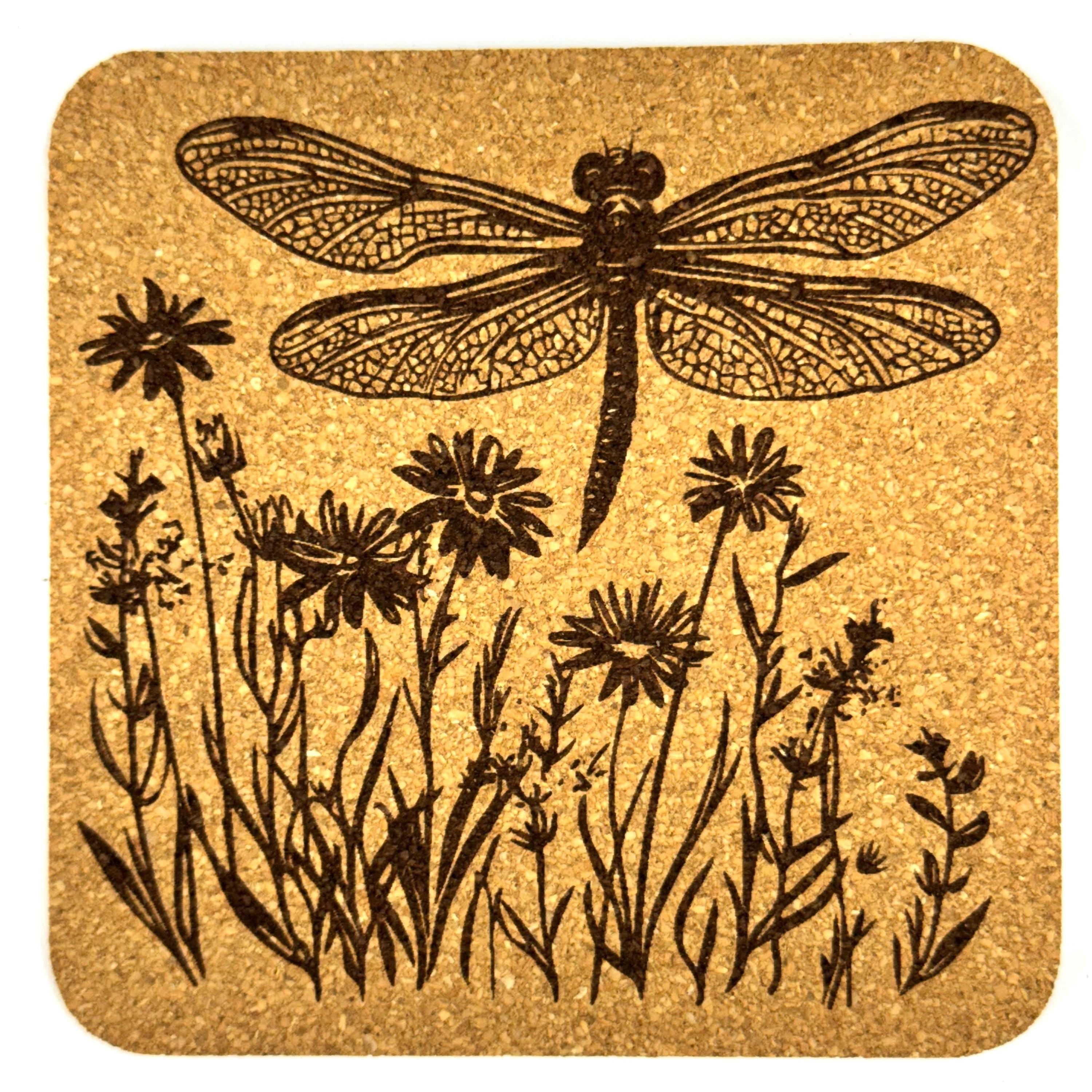 Dragonfly Wildflower Cork Coaster Set, Vintage Meadow Garden Drink Coasters