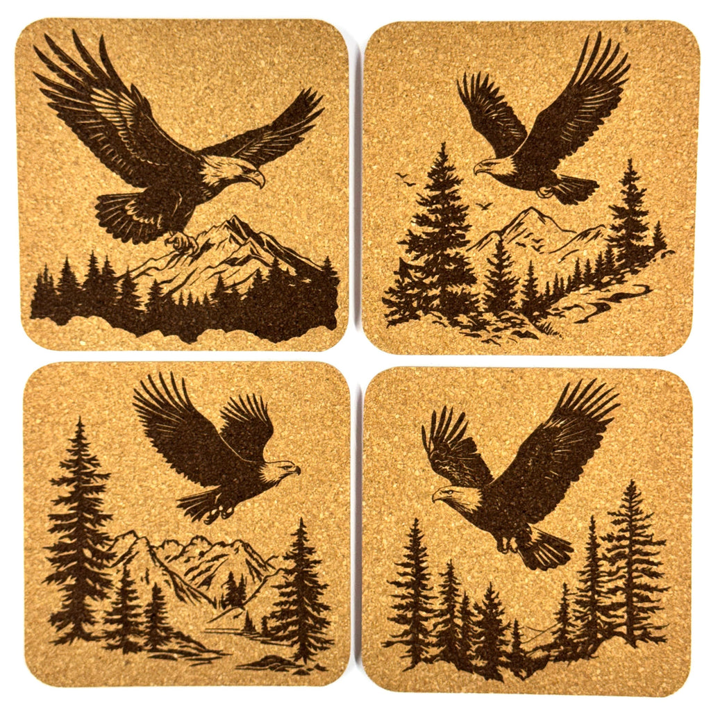 Bald Eagle Cork Coasters, Rustic Mountain Forest Cabin Wildlife Table Decor