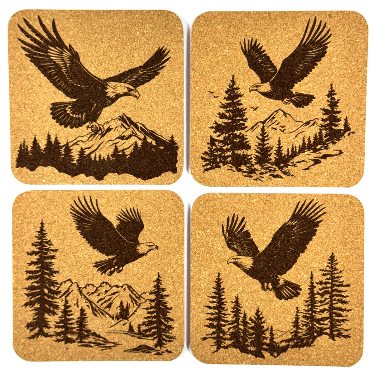 Bald Eagle Cork Coasters, Rustic Mountain Forest Cabin Wildlife Table Decor