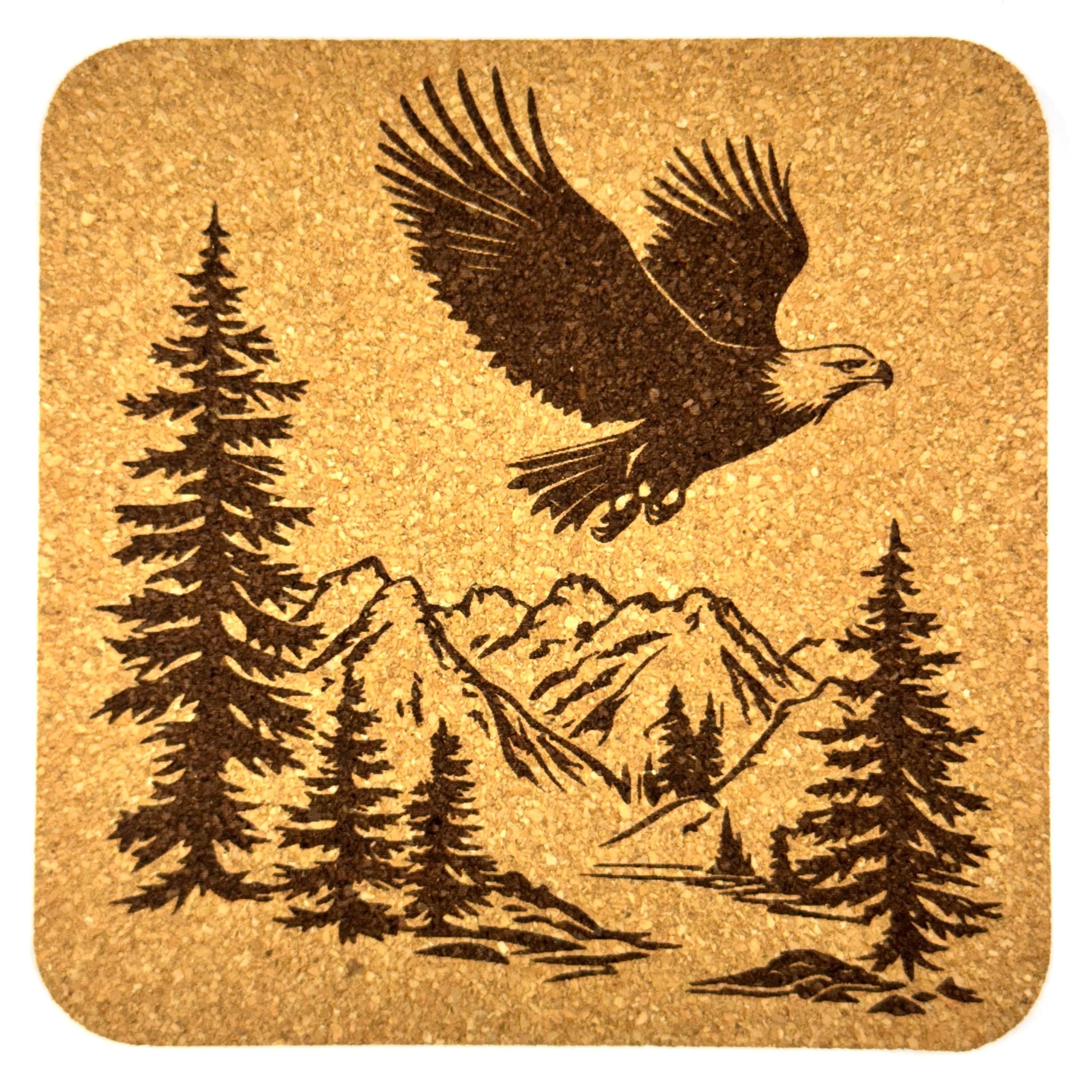 Bald Eagle Cork Coasters, Rustic Mountain Forest Cabin Wildlife Table Decor
