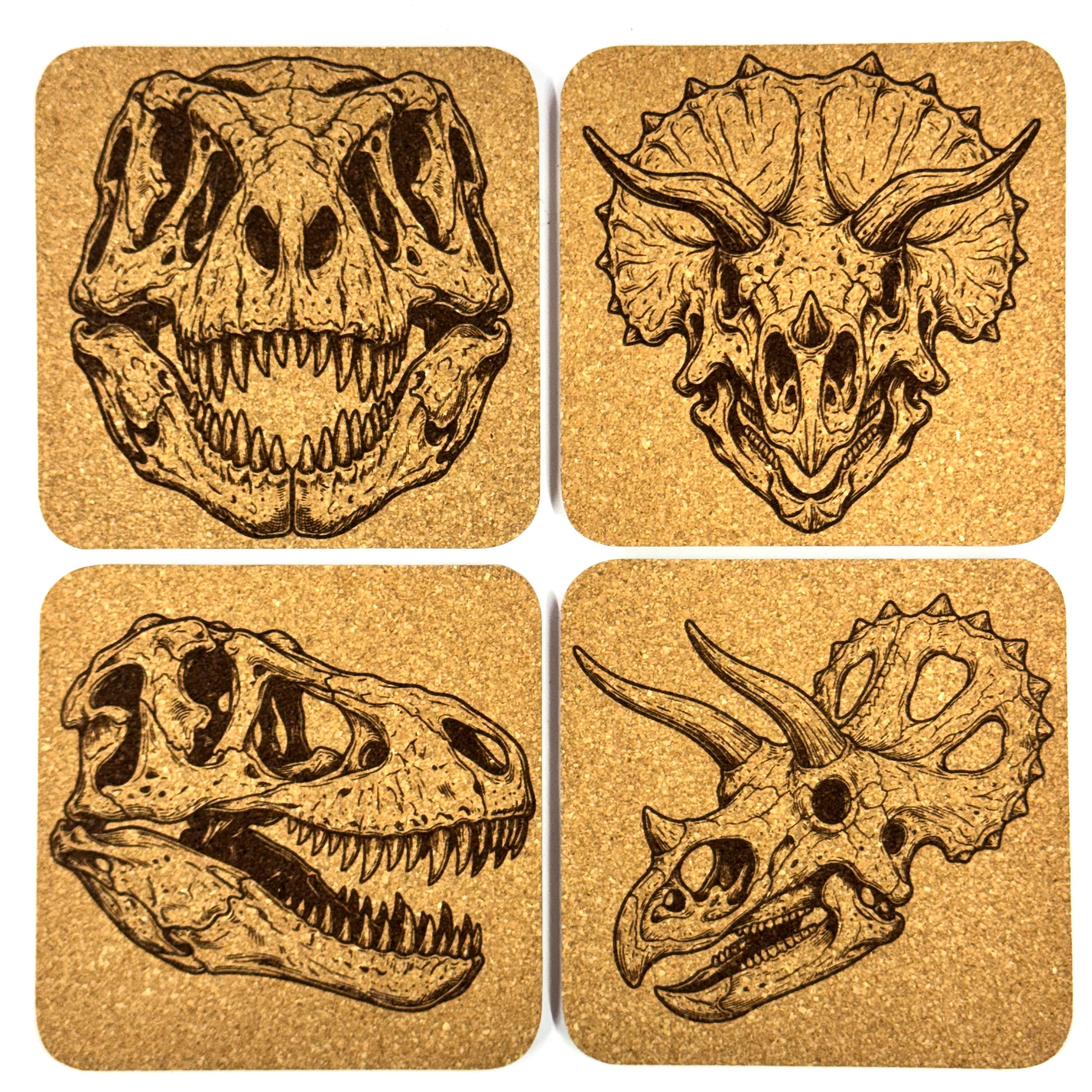 Dinosaur Skull Cork Coasters, Tyrannosaurus Rex and Triceratops Fossil Table Decor