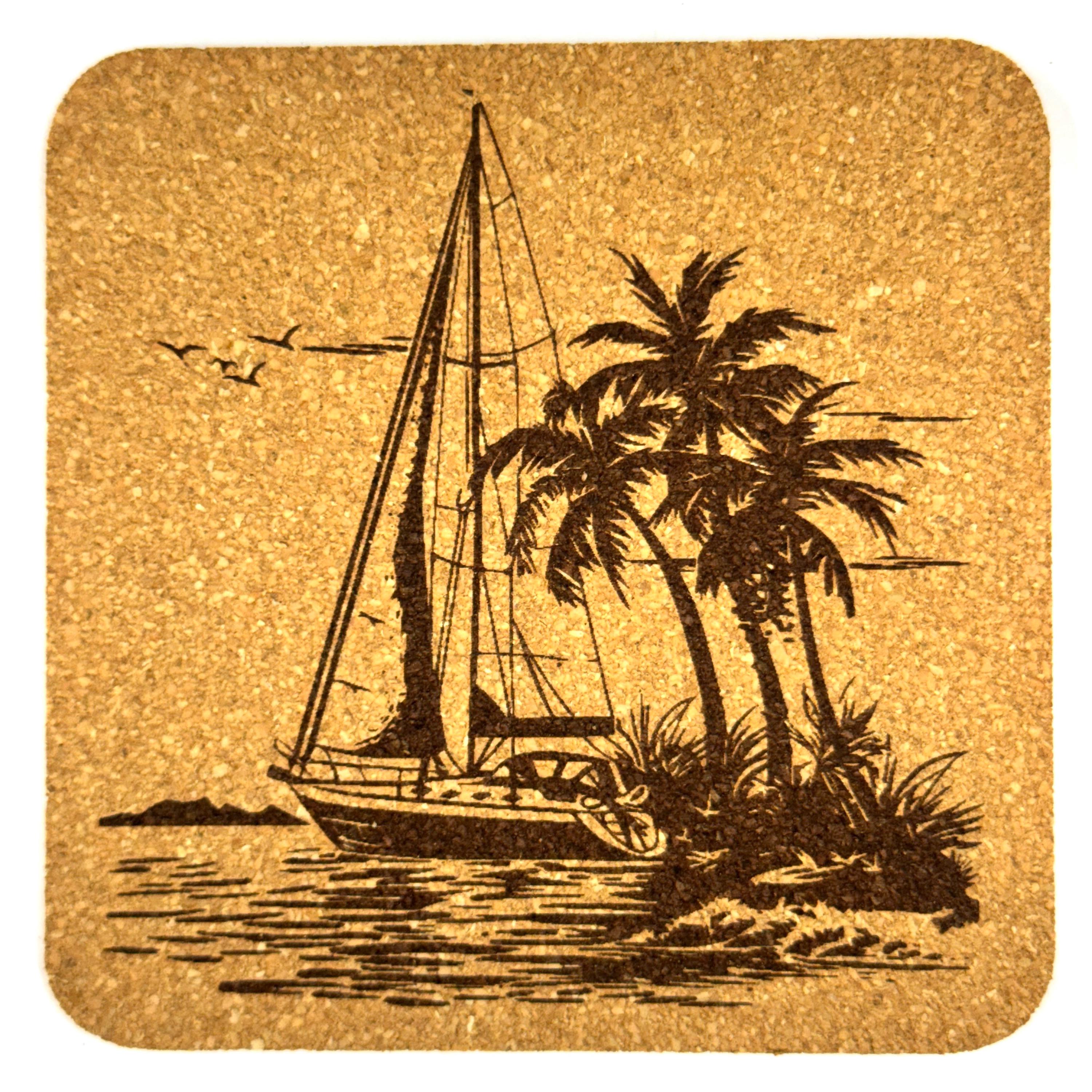 Sailboat Cork Coasters, Vintage Nautical Coastal Lakehouse Boat Scene Table Decor