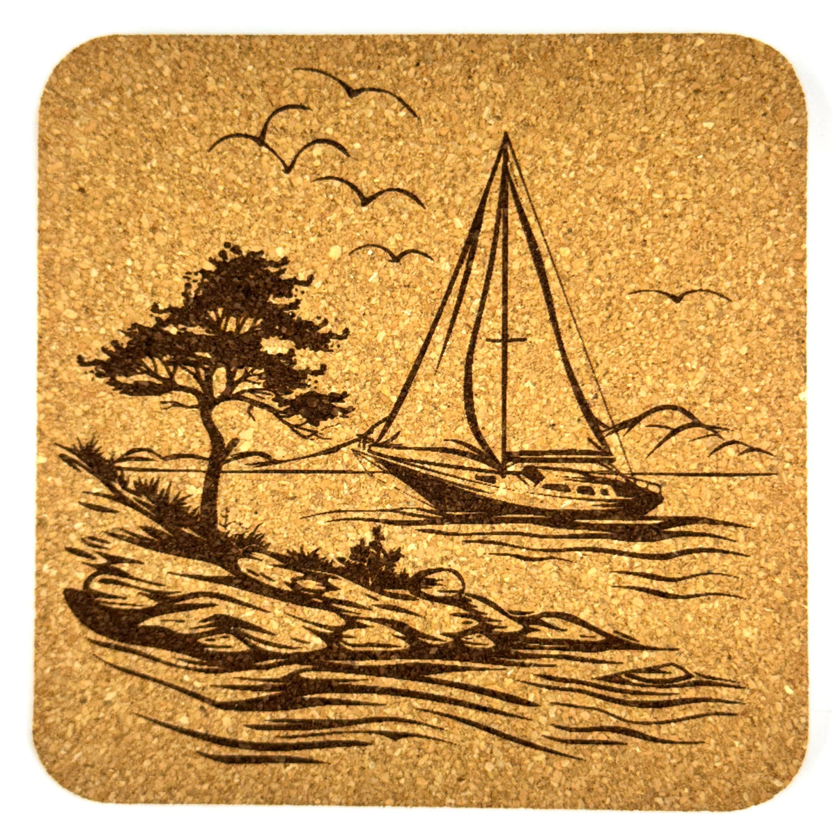 Sailboat Cork Coasters, Vintage Nautical Coastal Lakehouse Boat Scene Table Decor