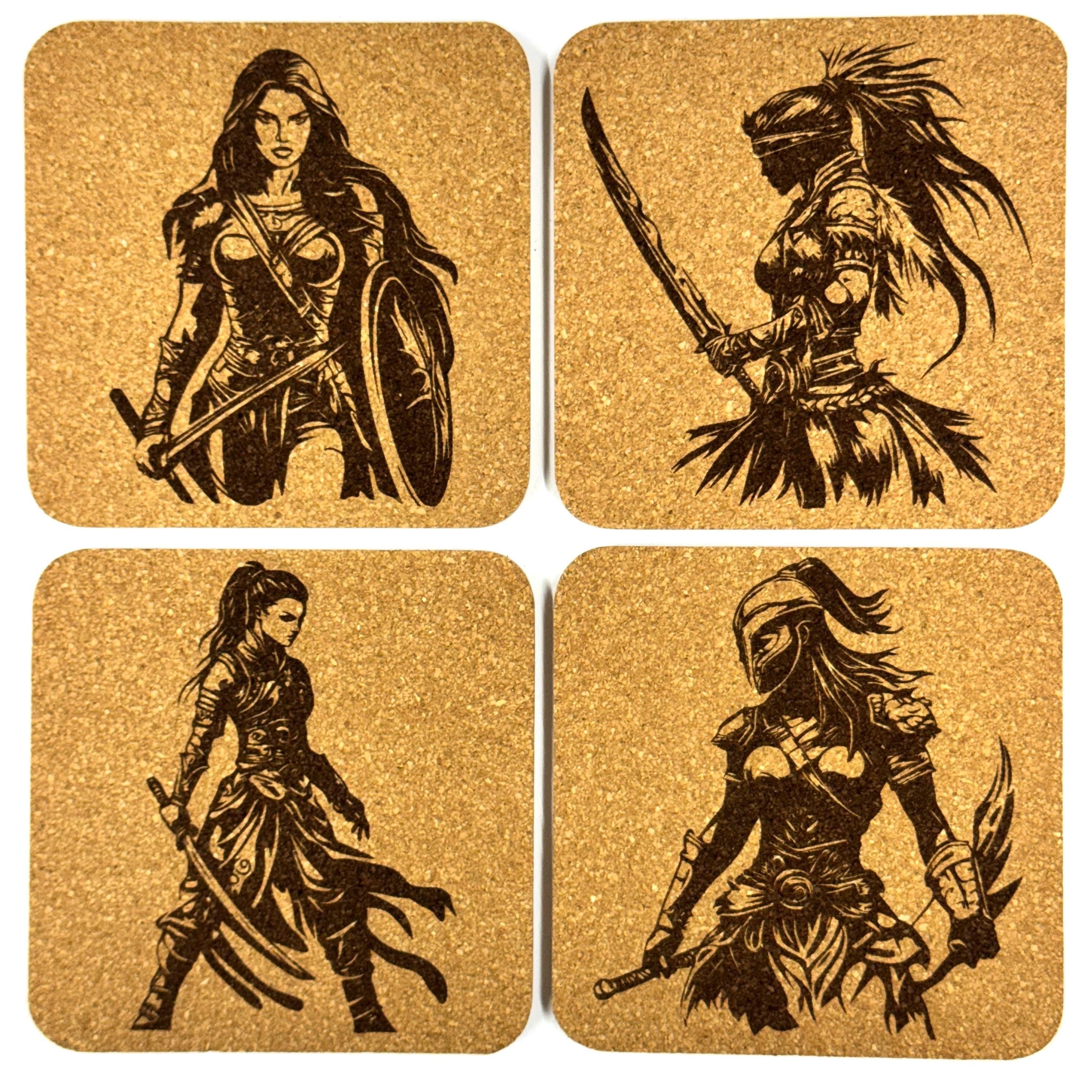 Warrior Woman Cork Coasters, Fantasy Shieldmaiden Sword Fighter Table Decor