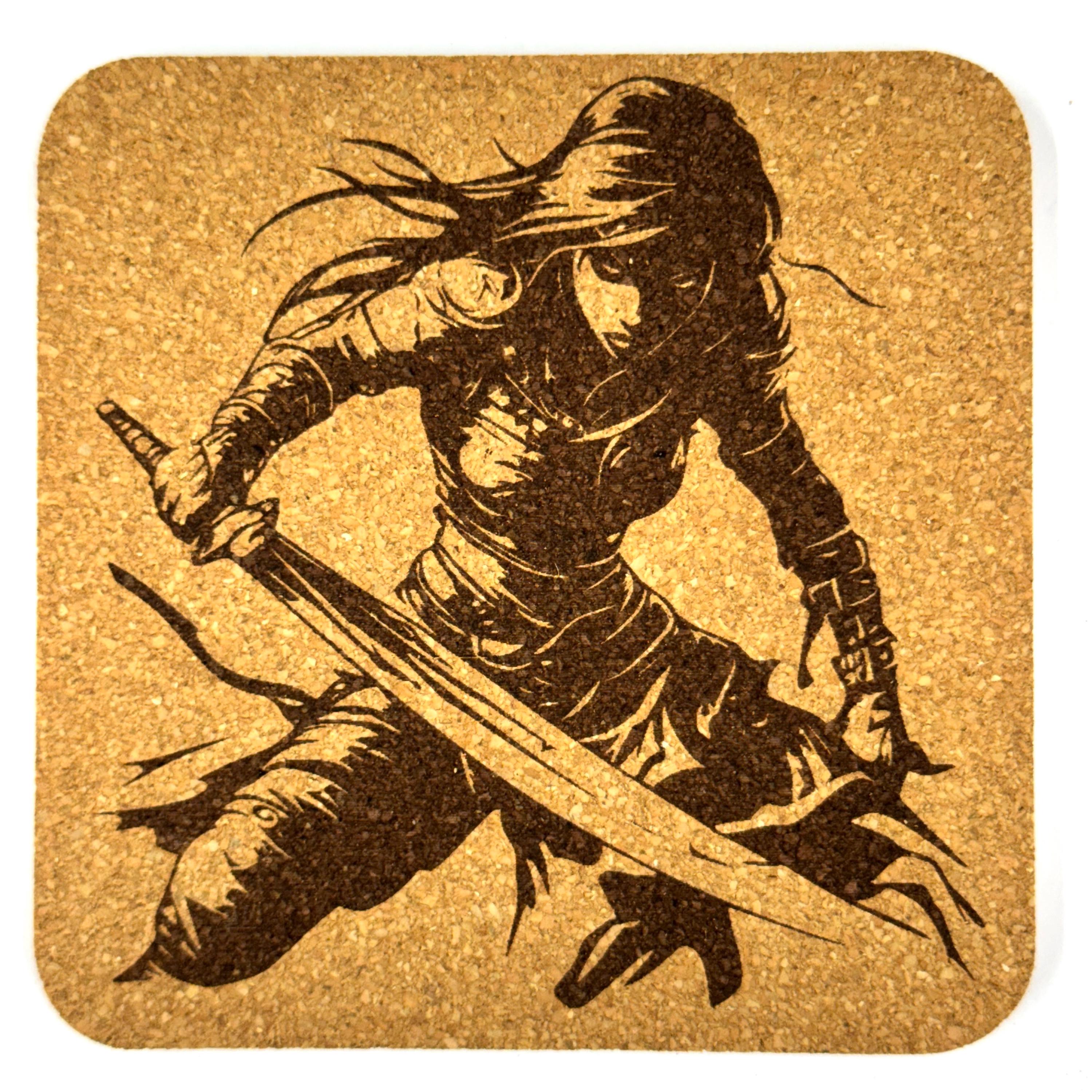 Warrior Woman Action Cork Coasters, Fantasy Sword Fighter Battle Pose Decor