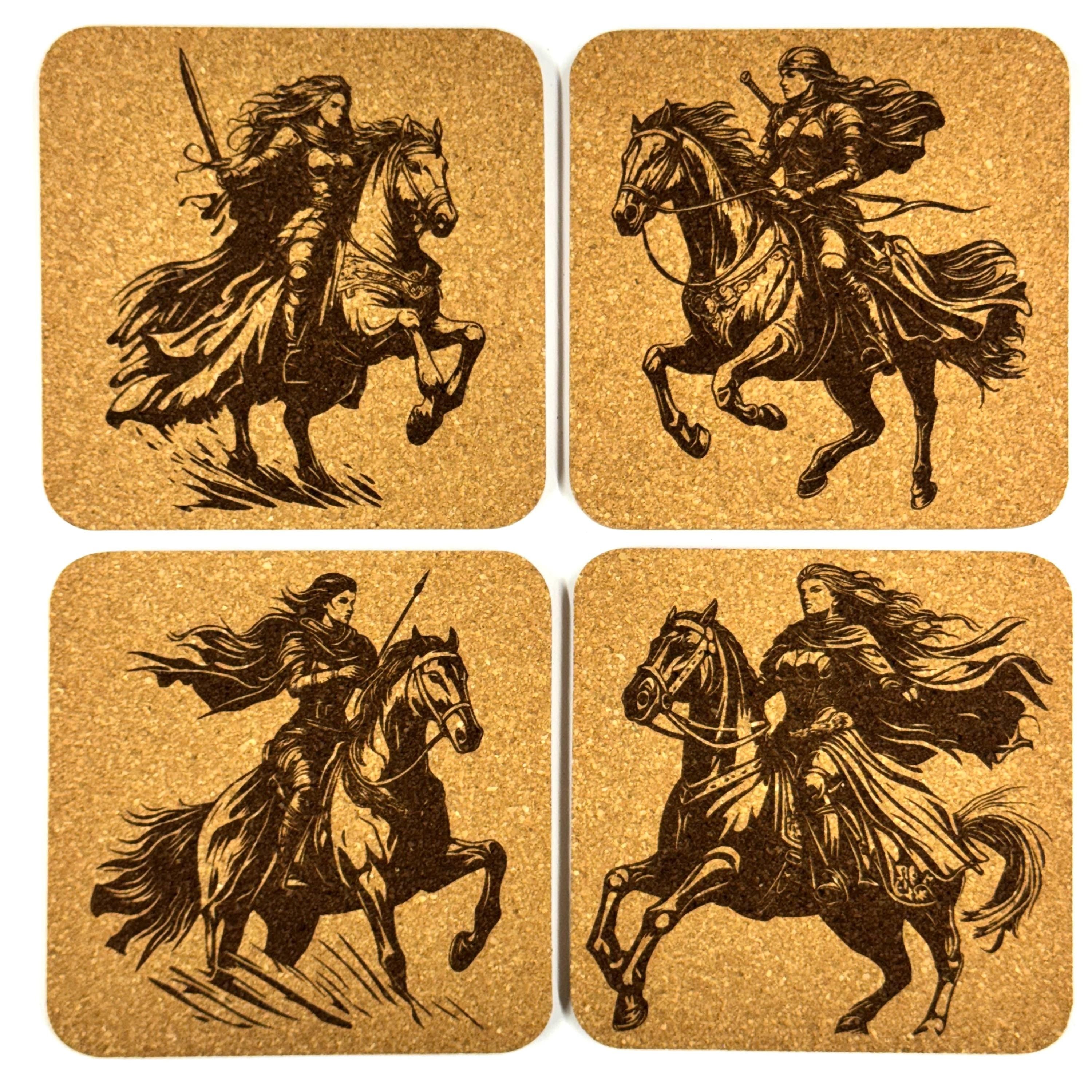 Mounted Warrior Woman Cork Coasters, Fantasy Horse Rider Battle Decor