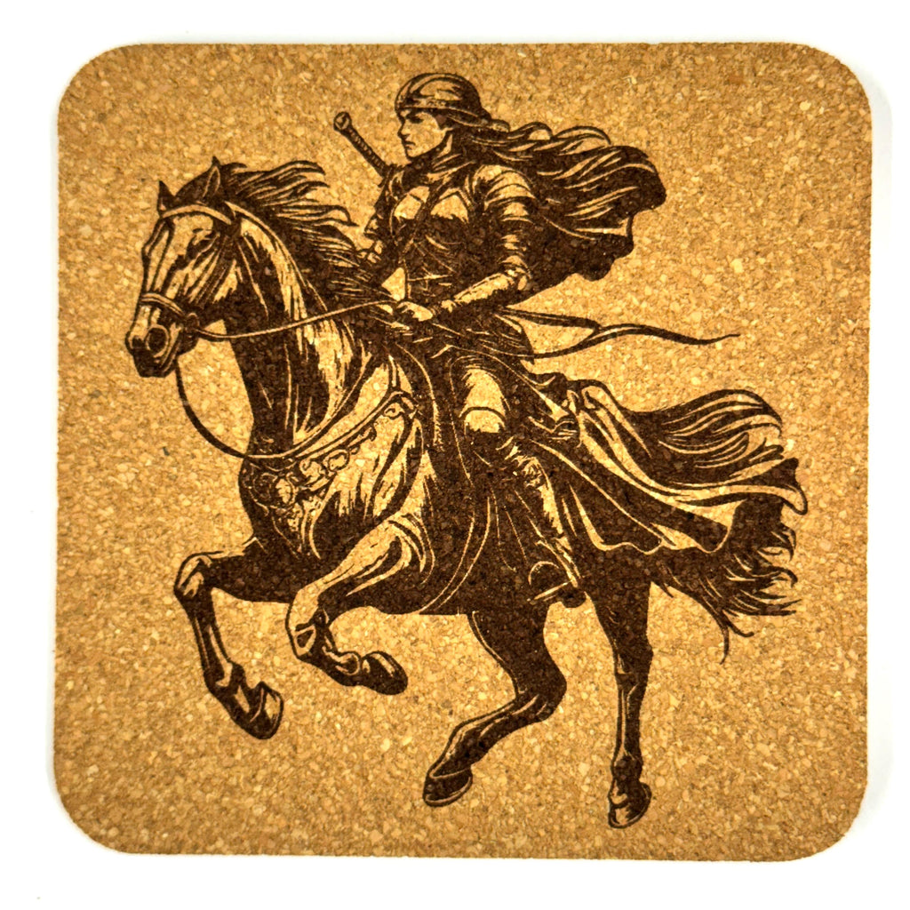 Mounted Warrior Woman Cork Coasters, Fantasy Horse Rider Battle Decor