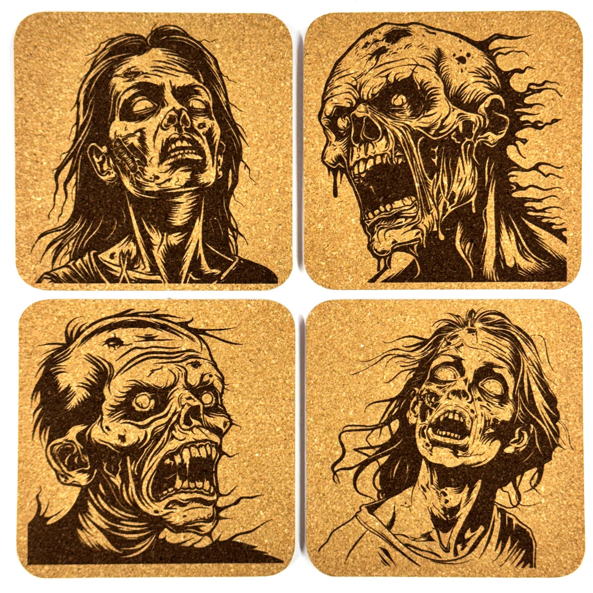 Zombie Face Cork Coasters, Undead Horror Skull Close Up Table Decor