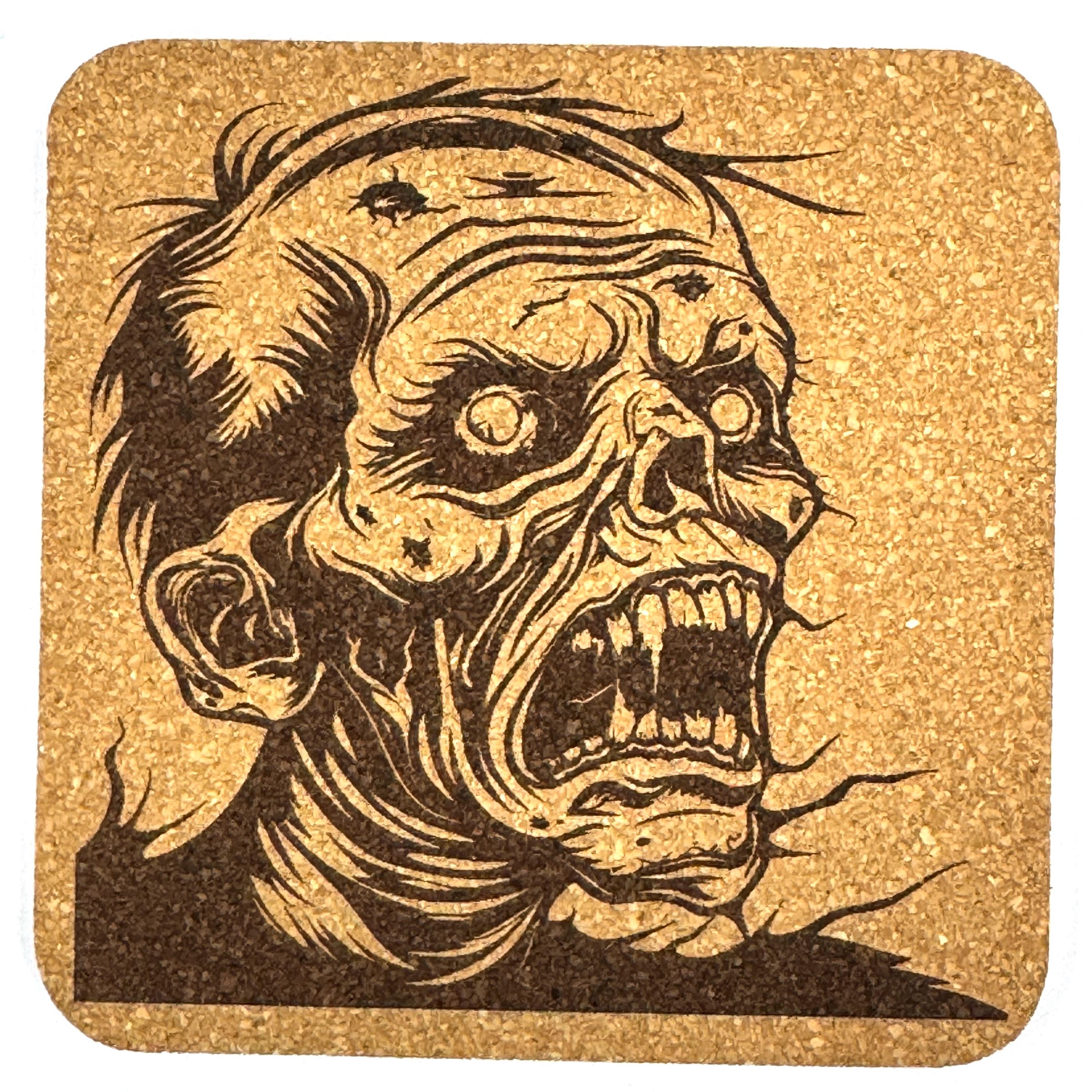 Zombie Face Cork Coasters, Undead Horror Skull Close Up Table Decor
