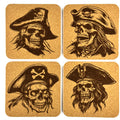 Pirate Skull Cork Coasters, Jolly Roger Skeleton Buccaneer Table Decor