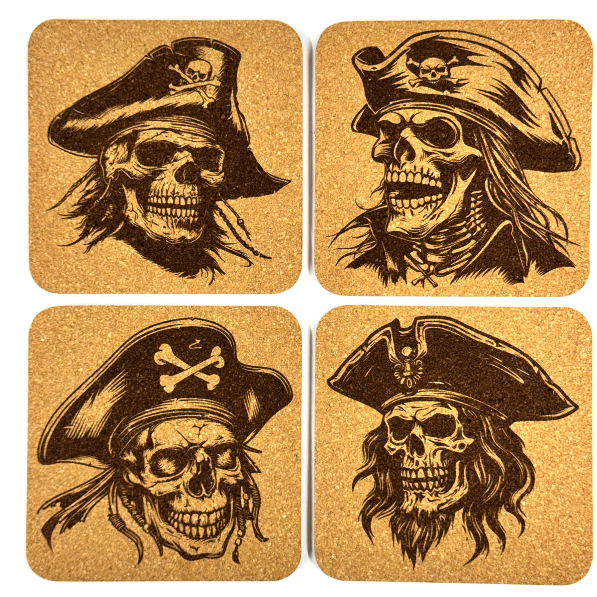 Pirate Skull Cork Coasters, Jolly Roger Skeleton Buccaneer Table Decor