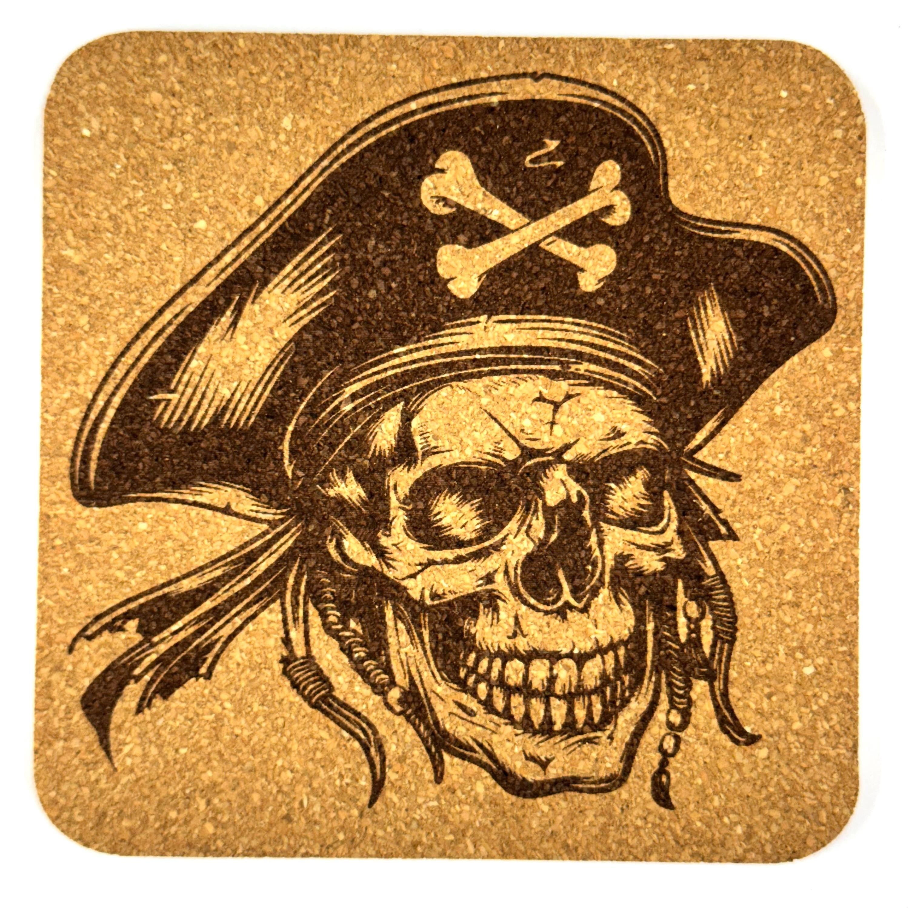 Pirate Skull Cork Coasters, Jolly Roger Skeleton Buccaneer Table Decor