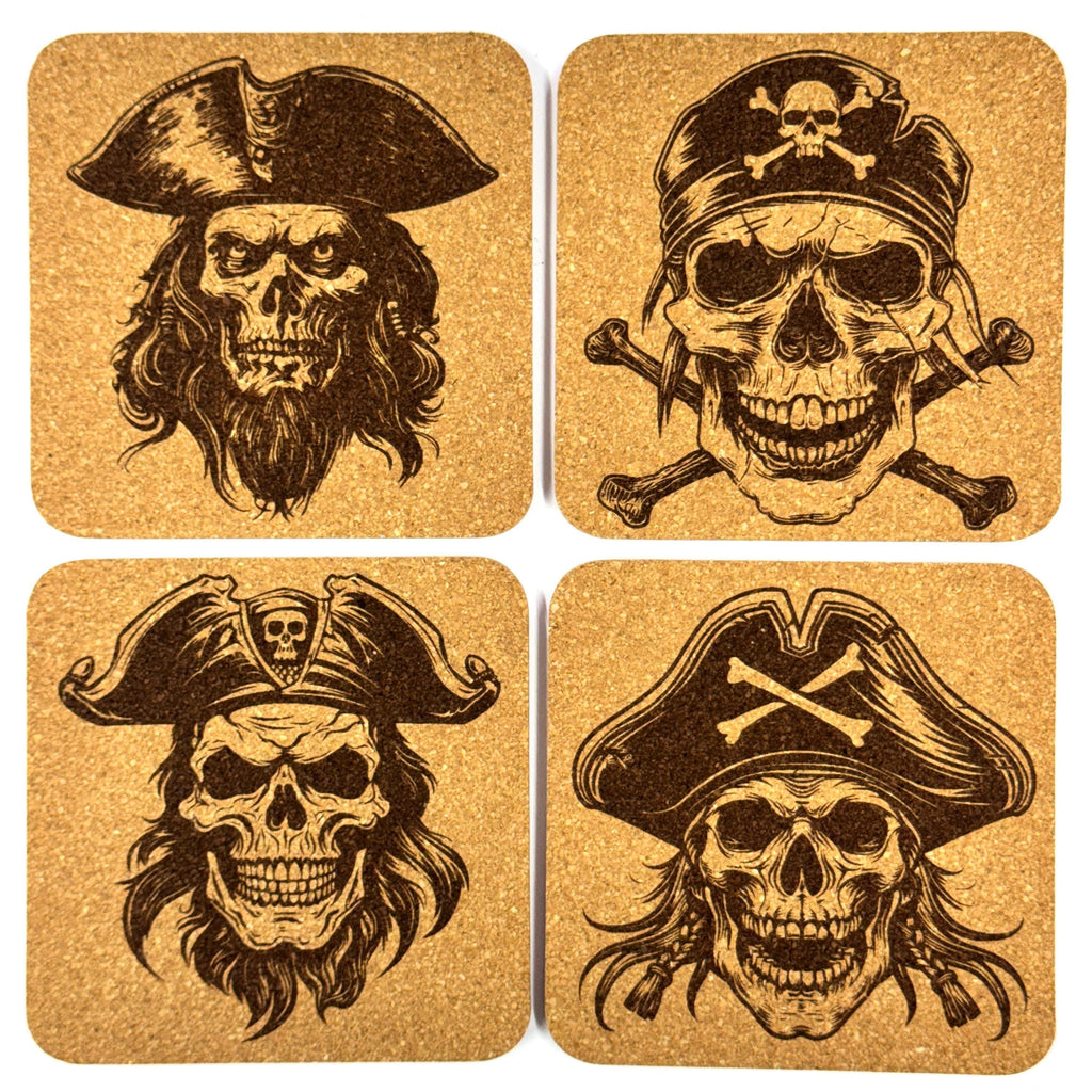 Pirate Skull Cork Coasters, Jolly Roger Crossbones Buccaneer Table Decor