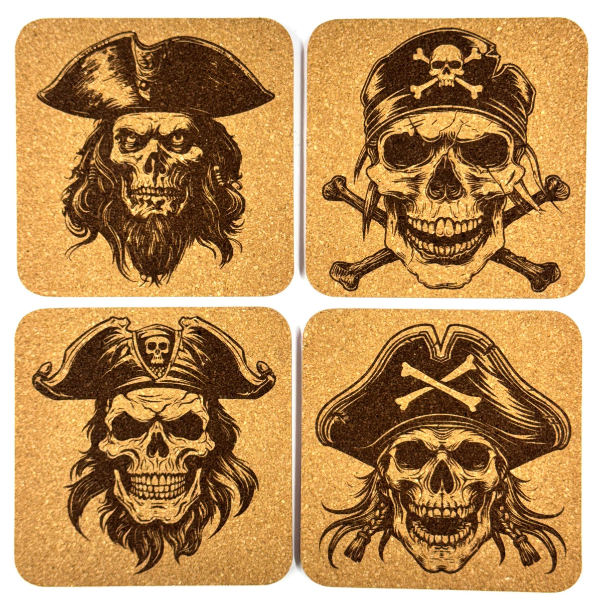 Pirate Skull Cork Coasters, Jolly Roger Crossbones Buccaneer Table Decor