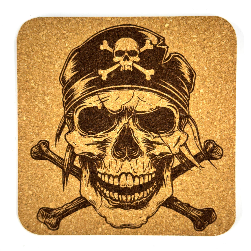 Pirate Skull Cork Coasters, Jolly Roger Crossbones Buccaneer Table Decor