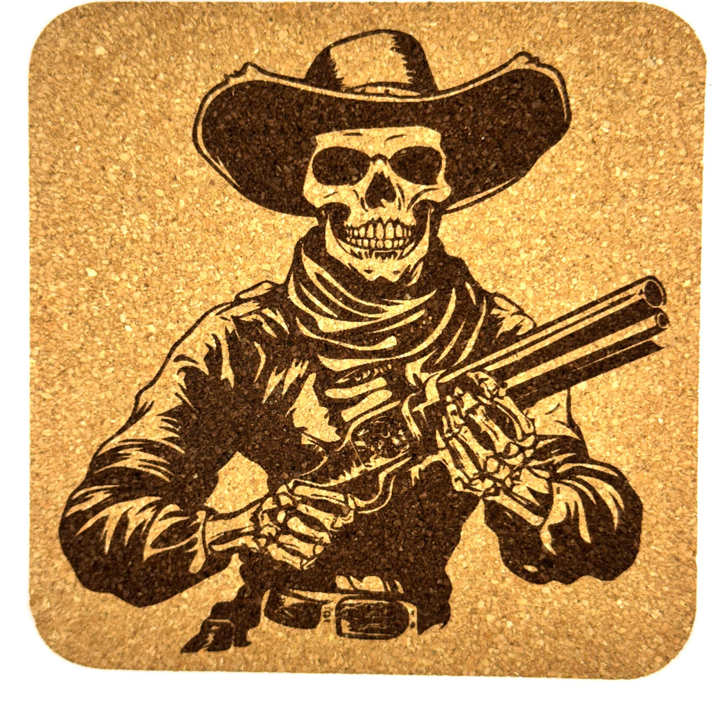 Cowboy Skeleton Cork Coasters, Wild West Gunslinger Skull Western Decor