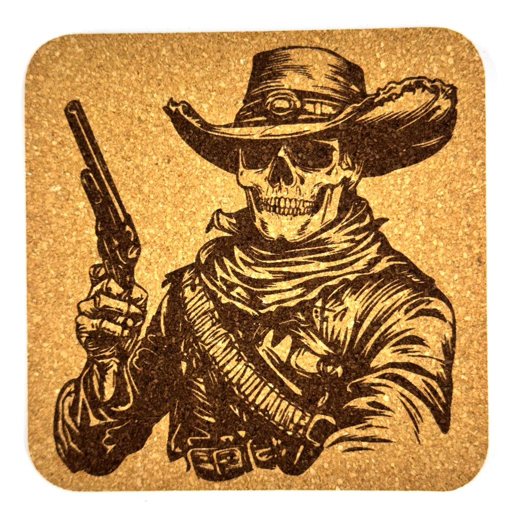 Cowboy Skeleton Cork Coasters, Wild West Gunslinger Skull Western Decor