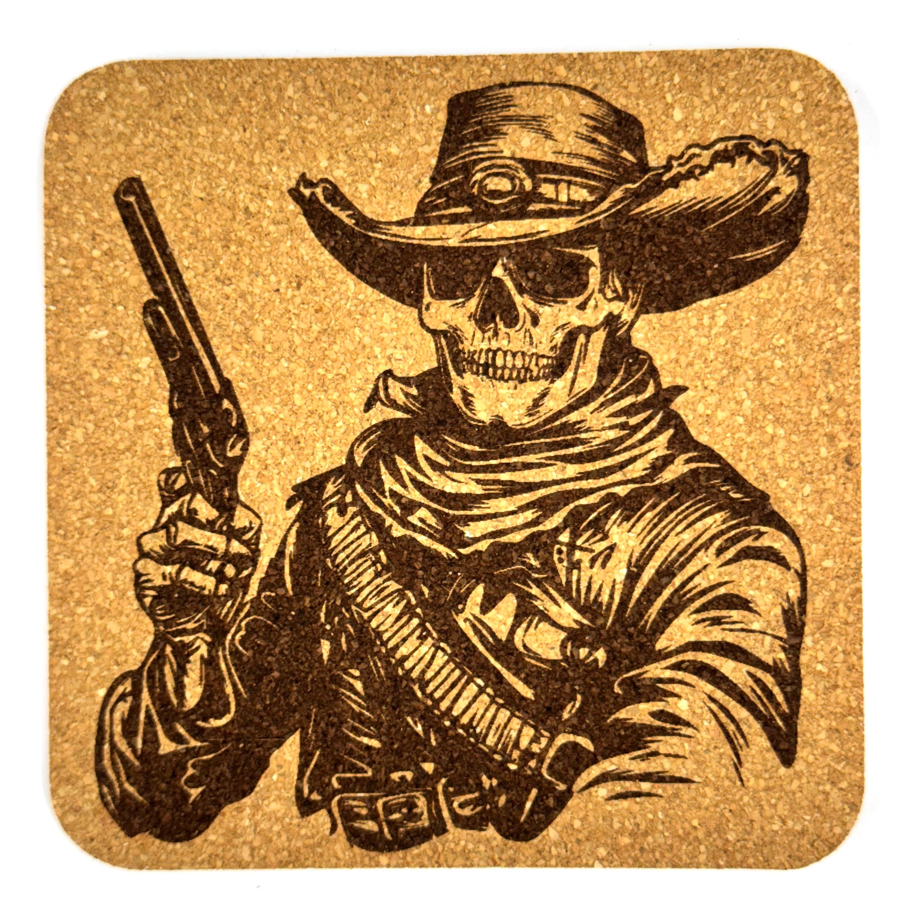 Cowboy Skeleton Cork Coasters, Wild West Gunslinger Skull Western Decor