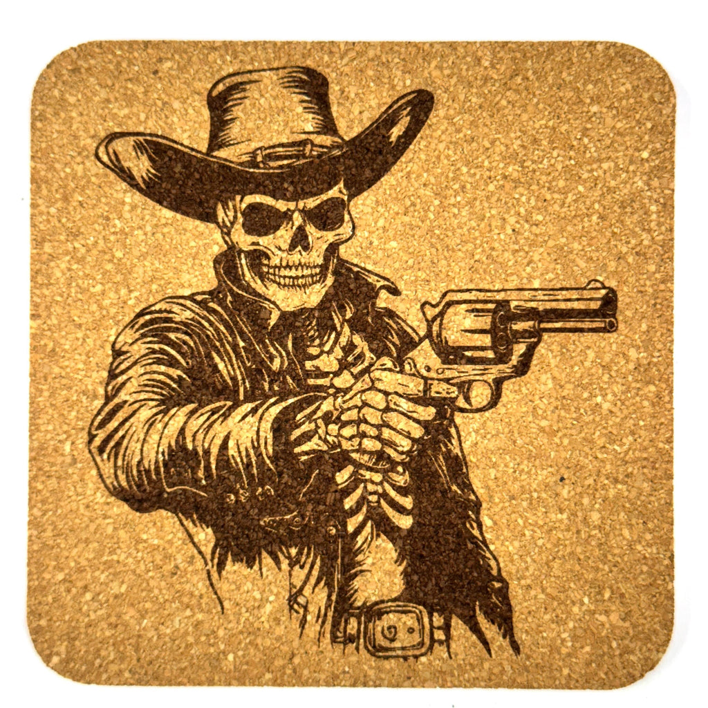 Cowboy Skeleton Cork Coasters, Wild West Gunslinger Skull Western Decor