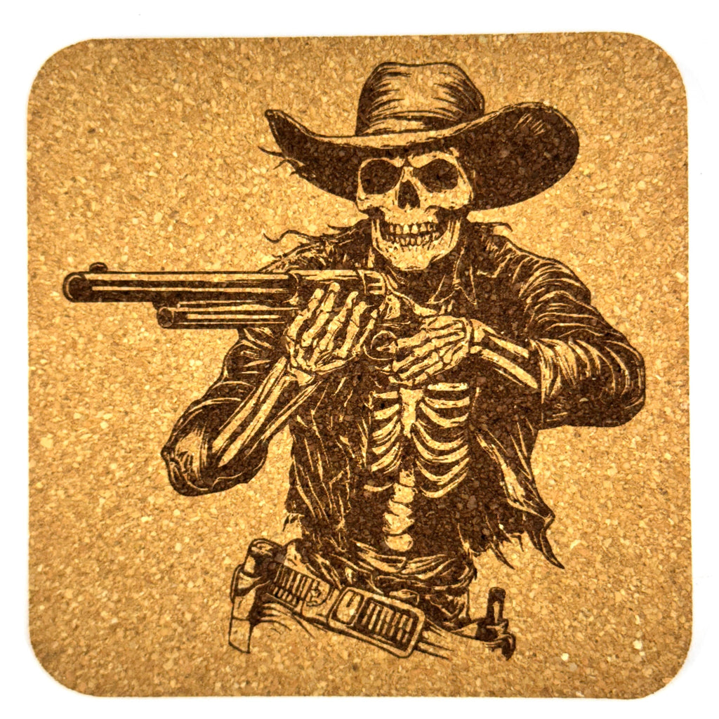 Cowboy Skeleton Cork Coasters, Wild West Gunslinger Skull Western Decor