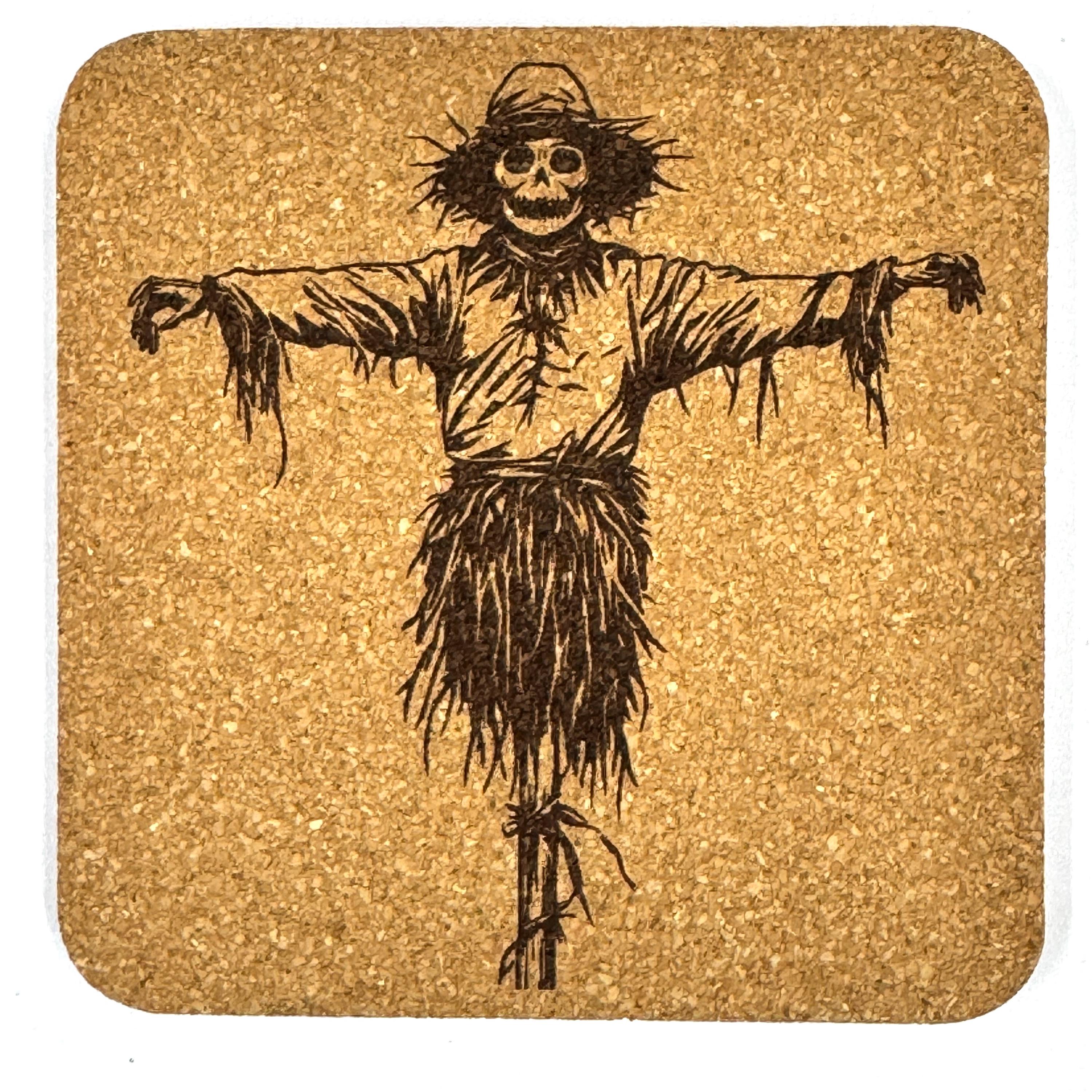 Scarecrow Cork Coasters, Creepy Haunted Farm Halloween Fall Decor