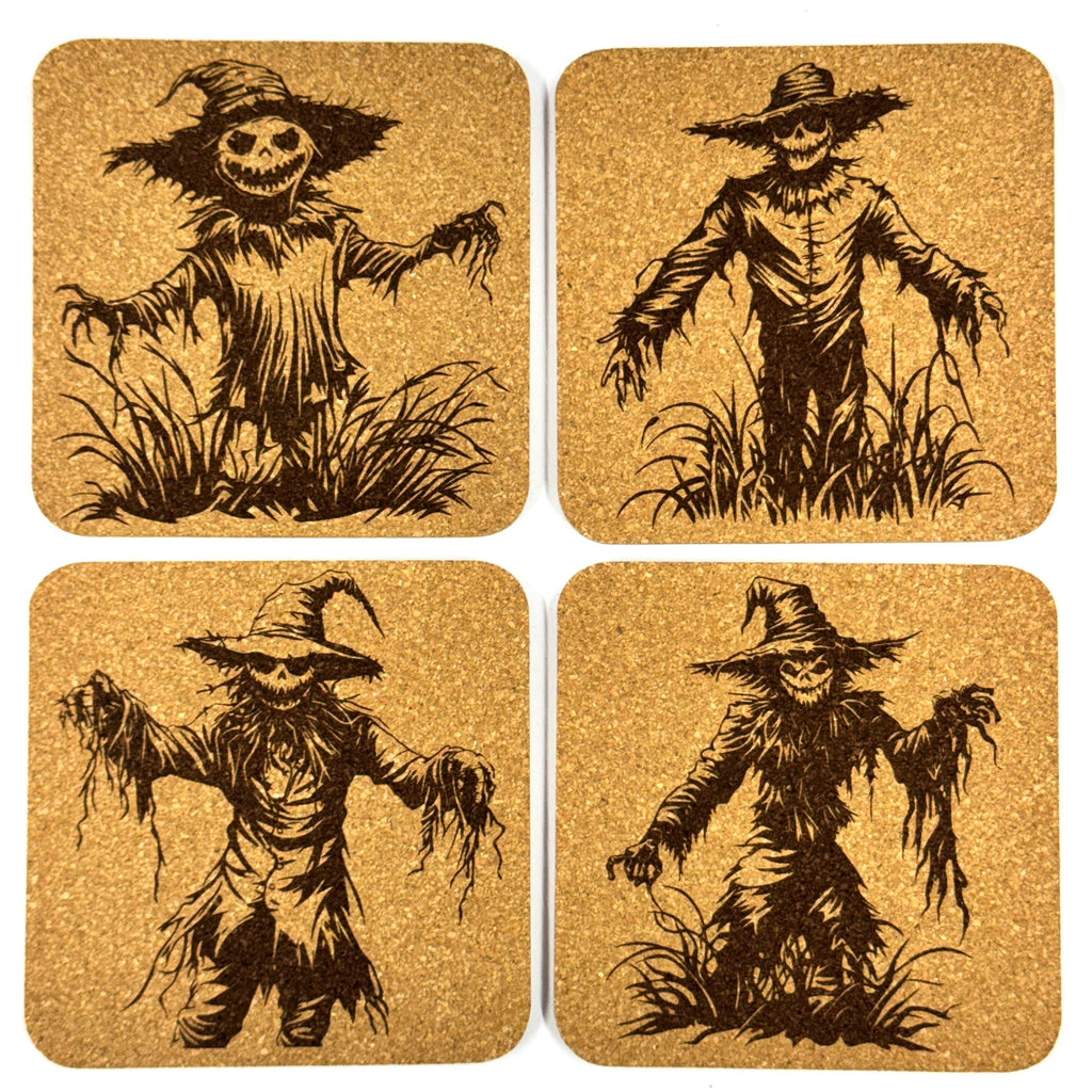 Creepy Scarecrow Cork Coasters, Haunted Farm Halloween Fall Decor Set