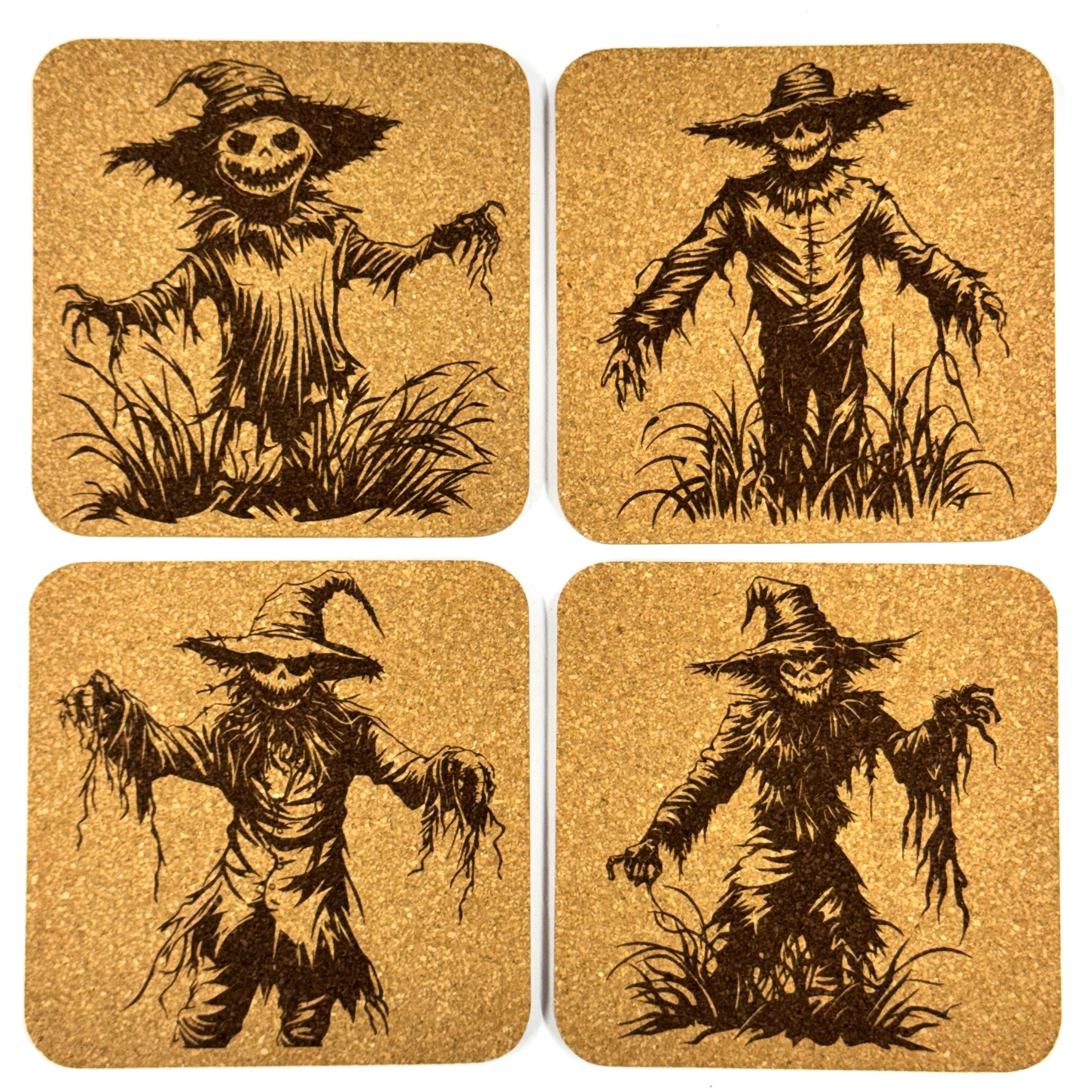 Creepy Scarecrow Cork Coasters, Haunted Farm Halloween Fall Decor Set