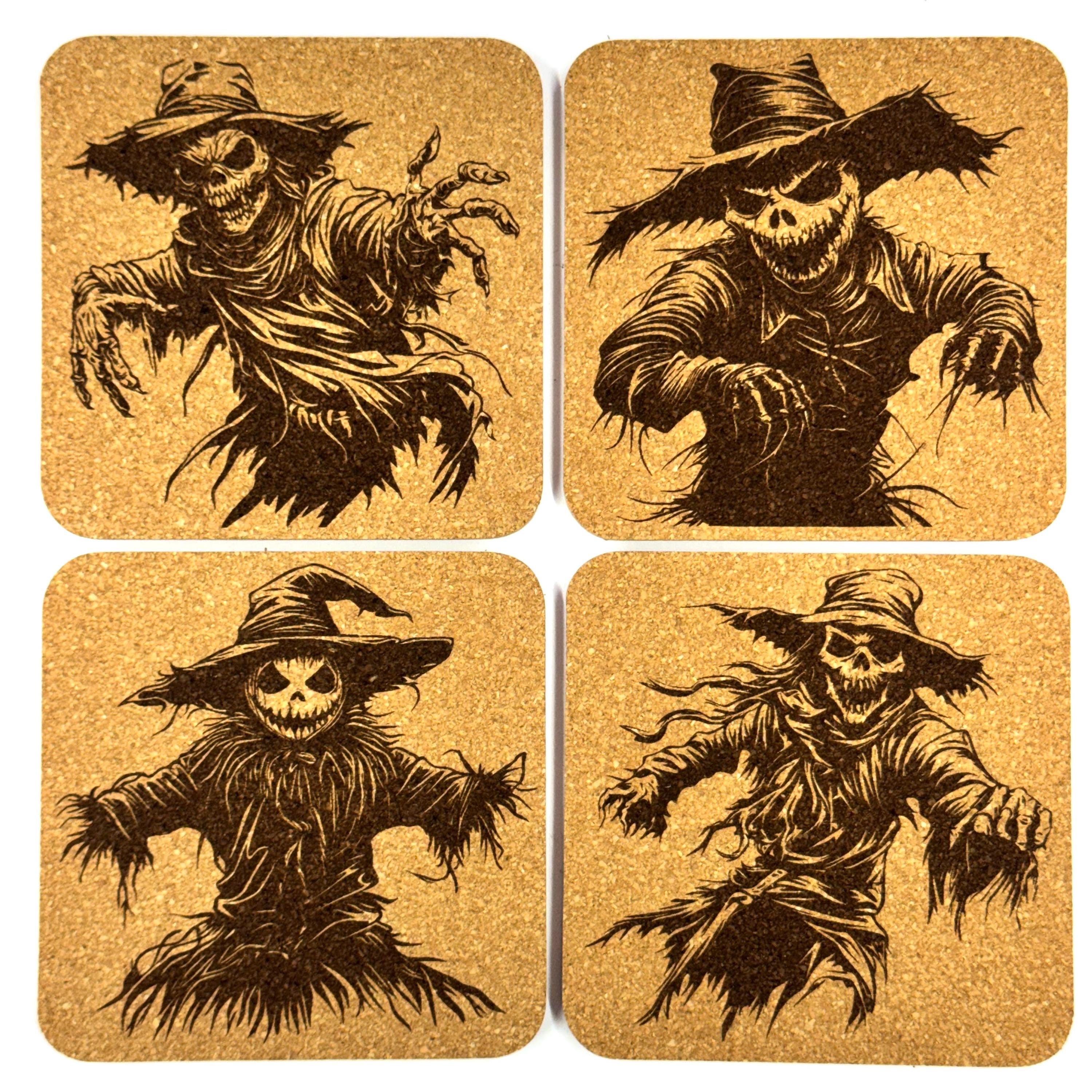 Creepy Scarecrow Coasters, Haunted Halloween Cork Coaster Set, Animated Scarecrow Decor