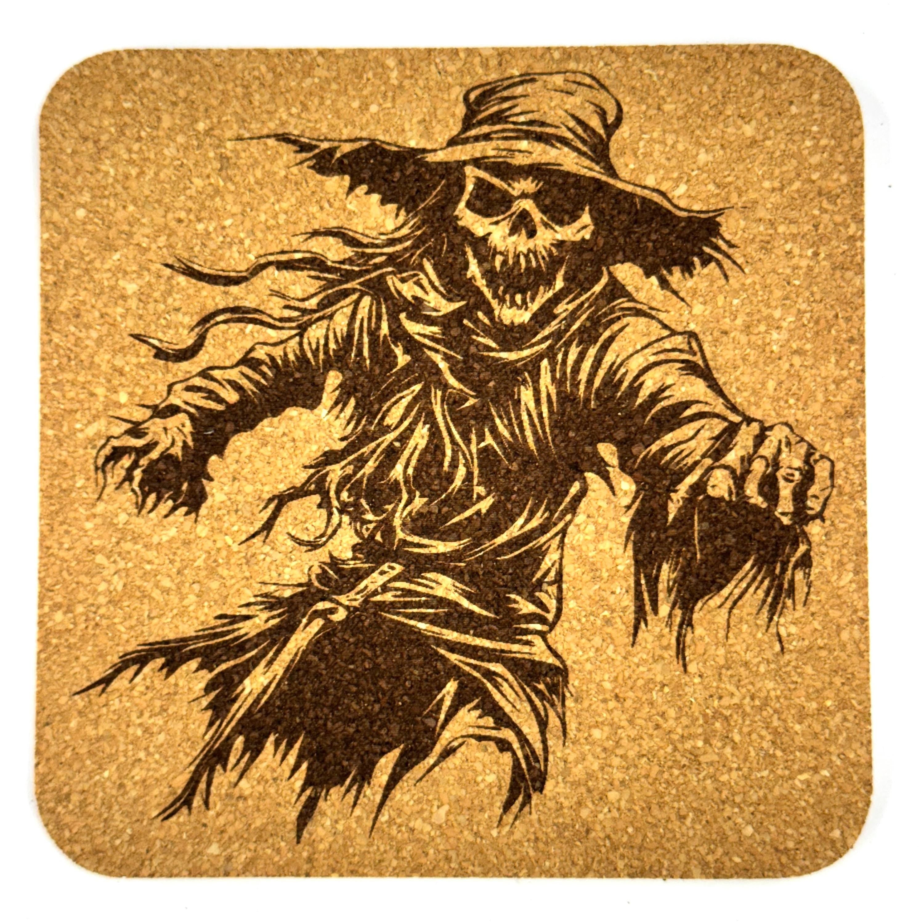 Creepy Scarecrow Coasters, Haunted Halloween Cork Coaster Set, Animated Scarecrow Decor