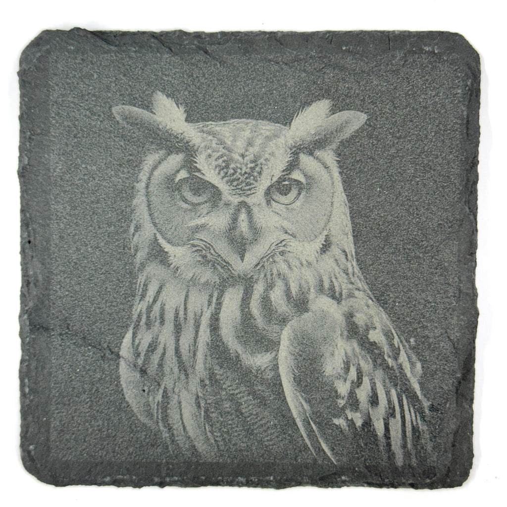 Great Horned Owl Slate Coasters – 4 Wildlife Designs in Rustic Stone
