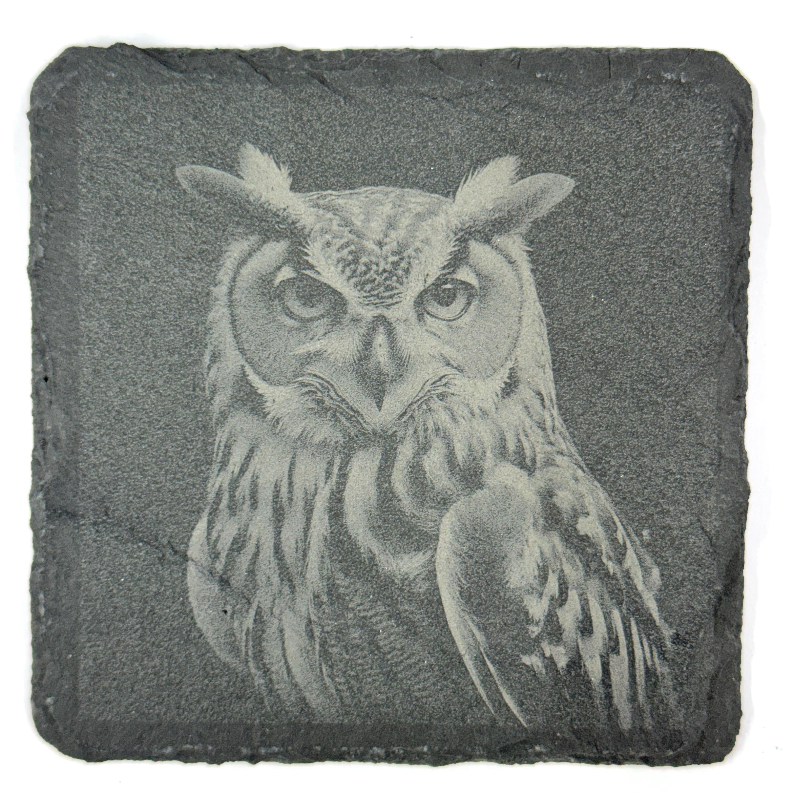 Great Horned Owl Slate Coasters – 4 Wildlife Designs in Rustic Stone
