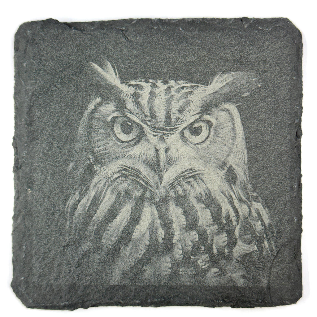 Great Horned Owl Slate Coasters – 4 Wildlife Designs in Rustic Stone