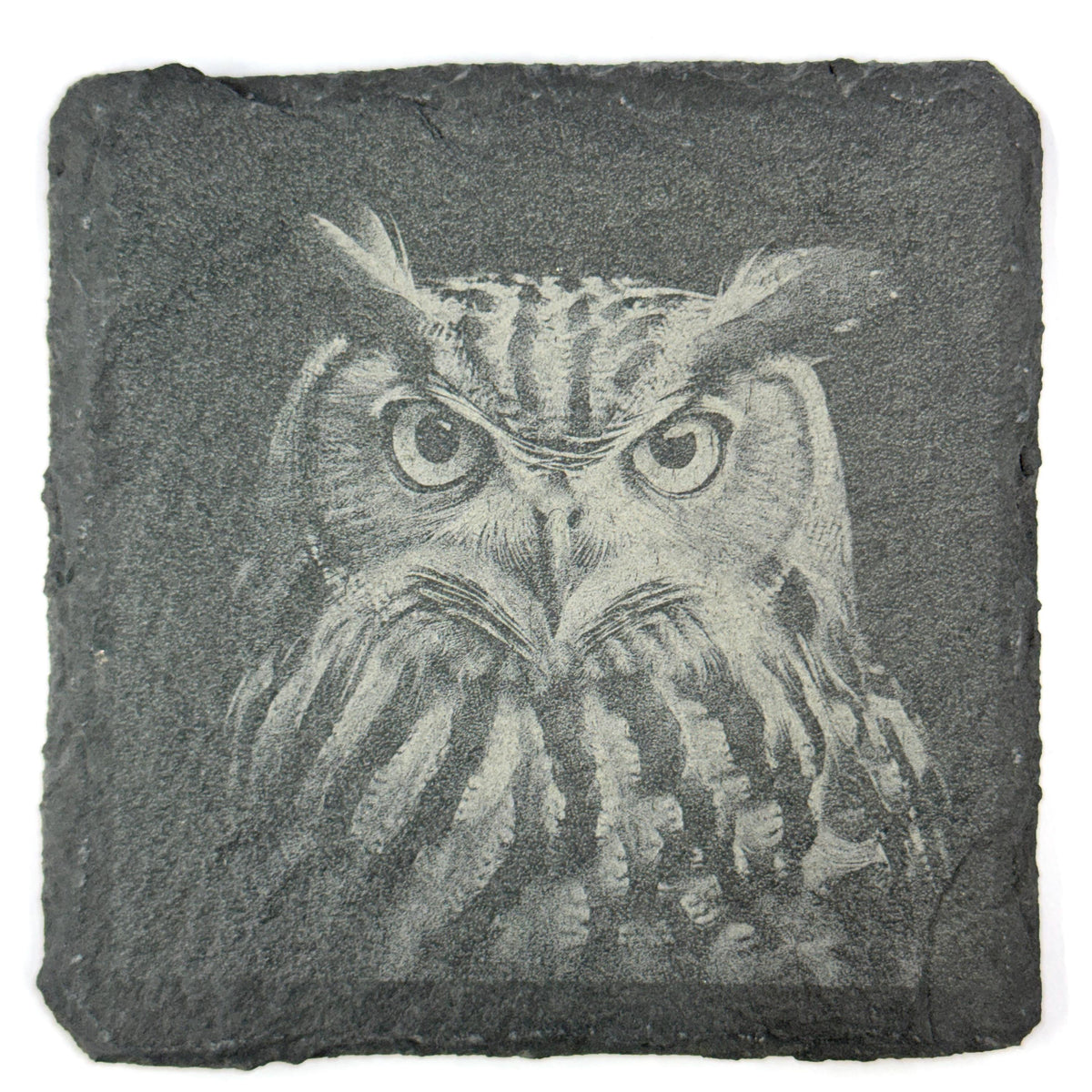 Great Horned Owl Slate Coasters – 4 Wildlife Designs in Rustic Stone