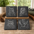 Great Horned Owl Slate Coasters – 4 Wildlife Designs in Rustic Stone