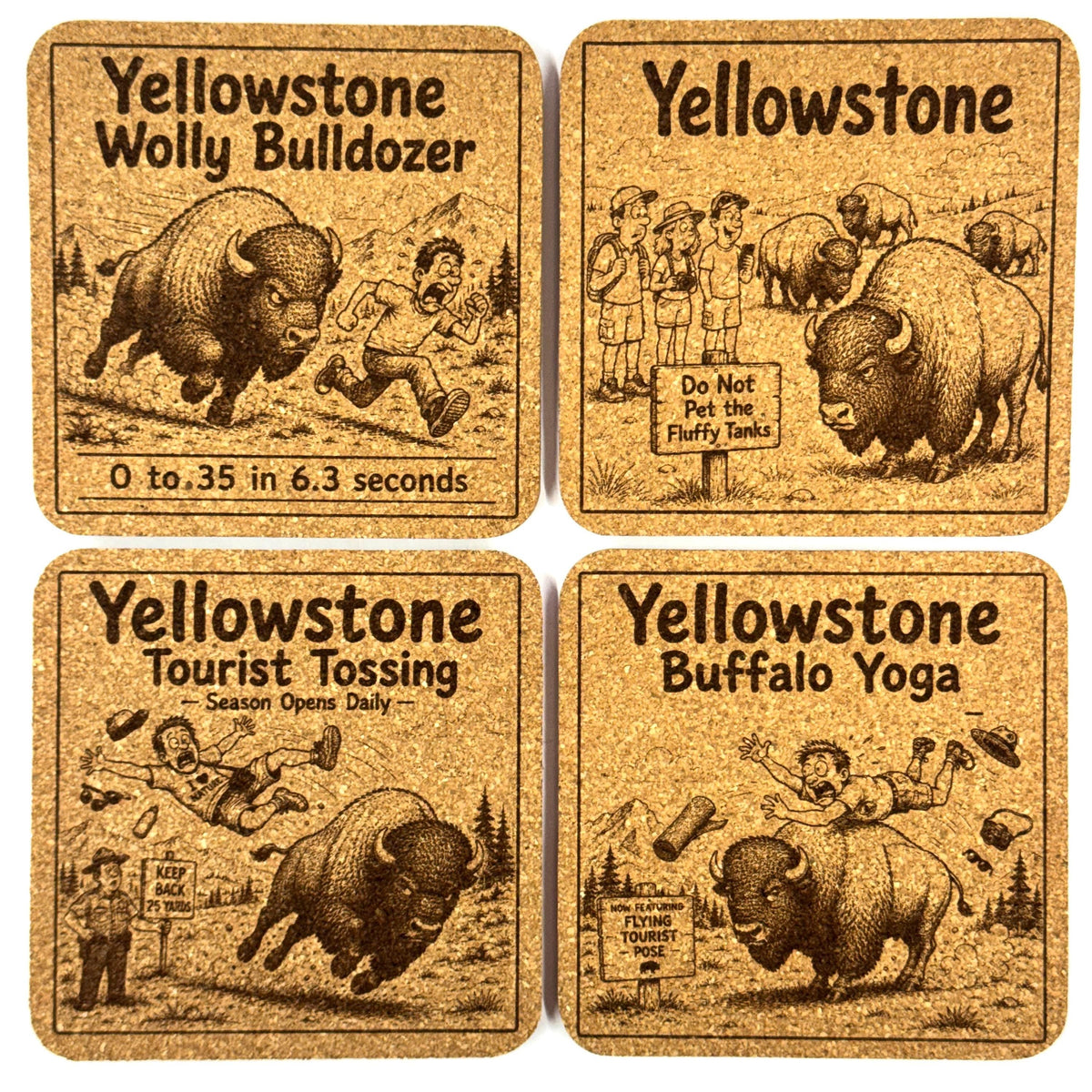 Funny Yellowstone Bison Coaster Set, Cork Buffalo Tourist Humor