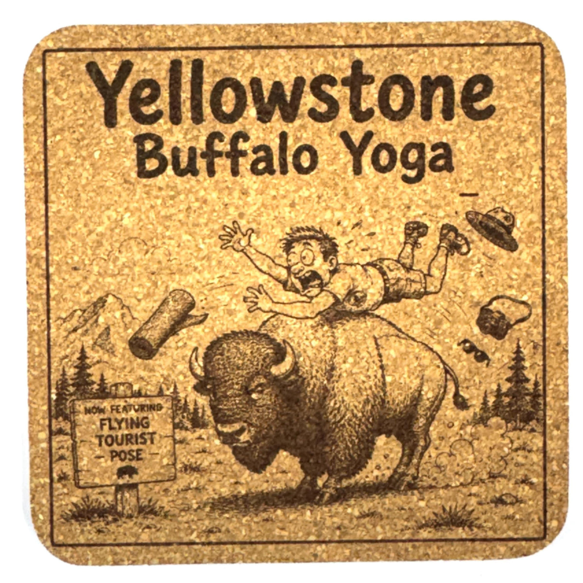 Funny Yellowstone Bison Coaster Set, Cork Buffalo Tourist Humor