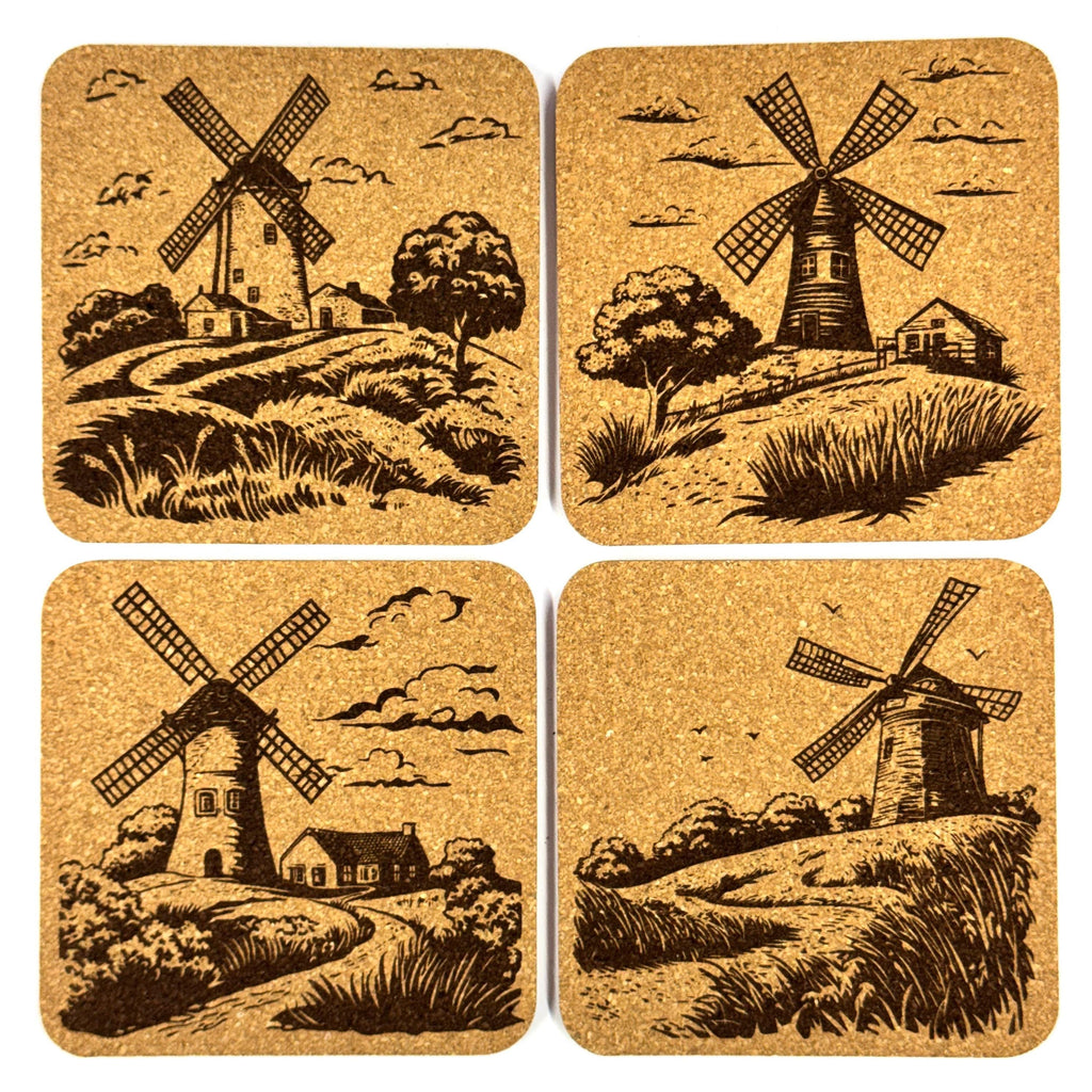 Rustic Windmill Scene Cork Coaster Set, Farmhouse Country Decor