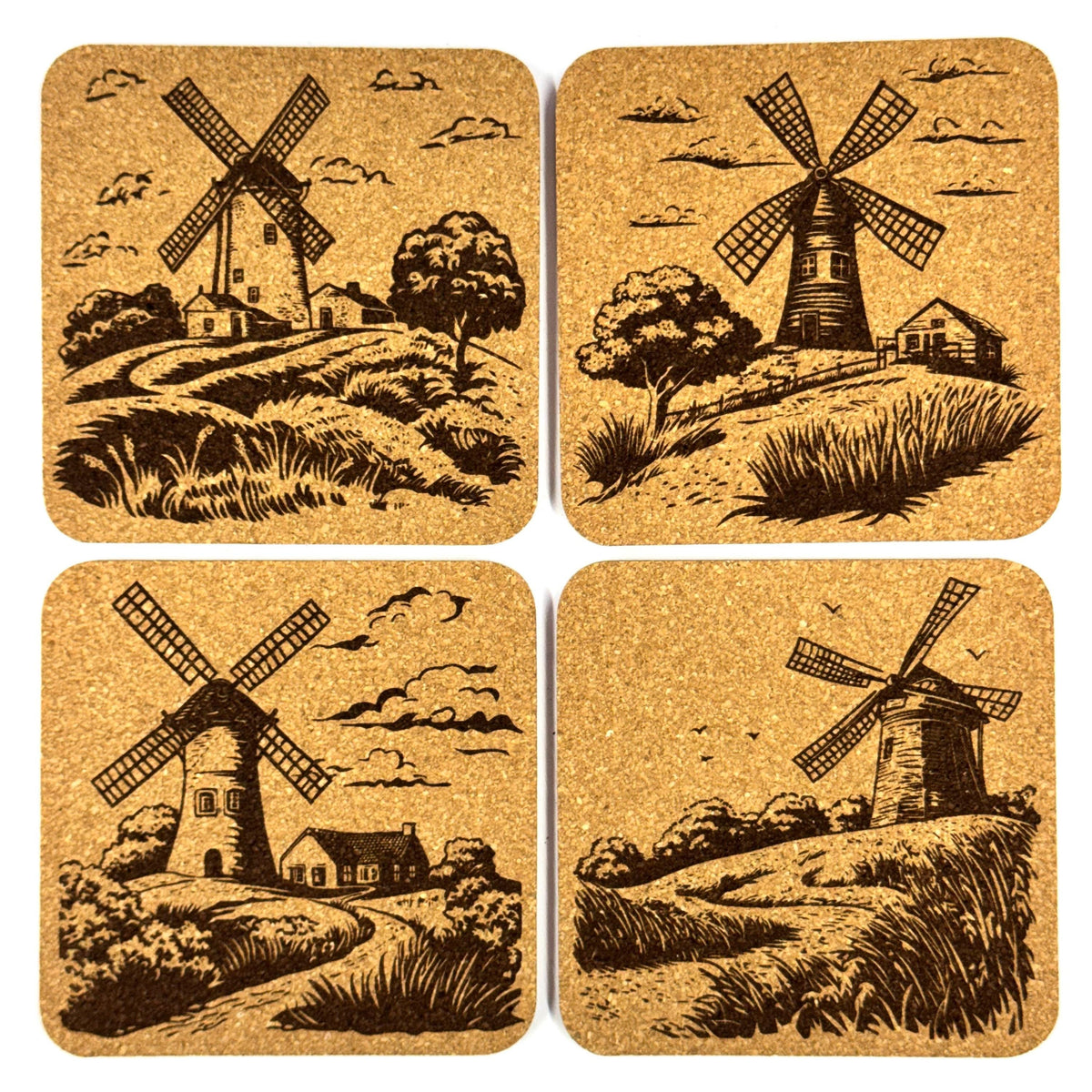 Rustic Windmill Scene Cork Coaster Set, Farmhouse Country Decor