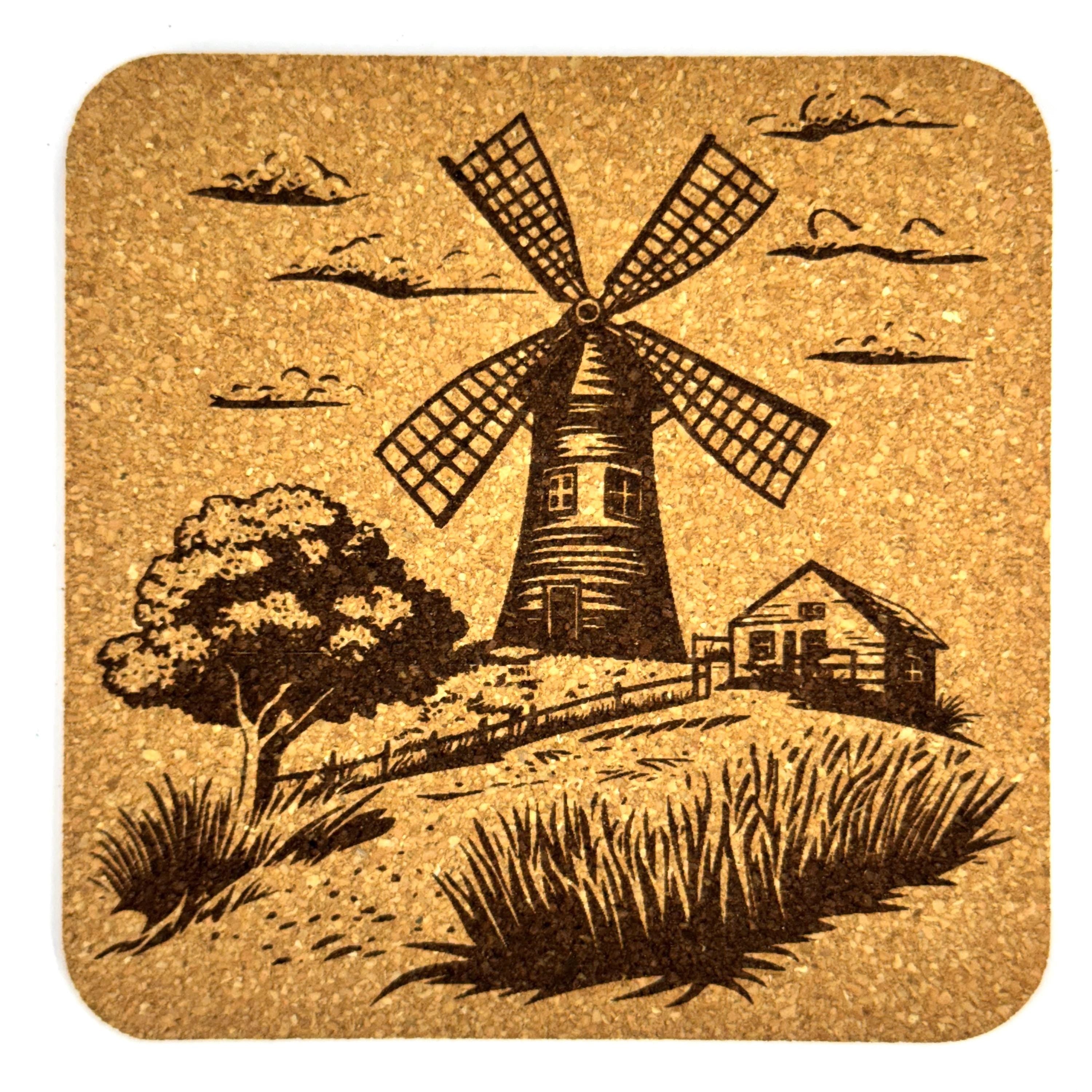 Rustic Windmill Scene Cork Coaster Set, Farmhouse Country Decor