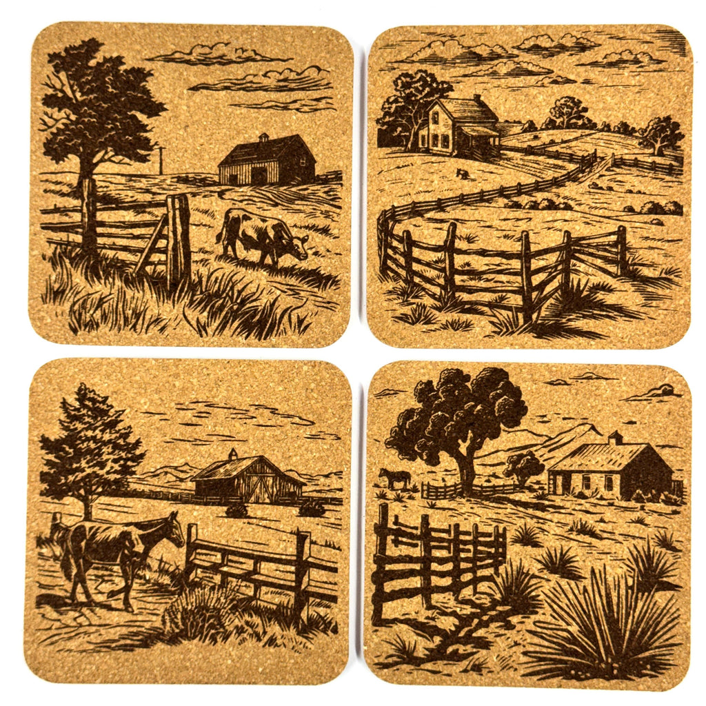 Rustic Farm Scene Cork Coaster Set, Country Barn and Pasture Decor